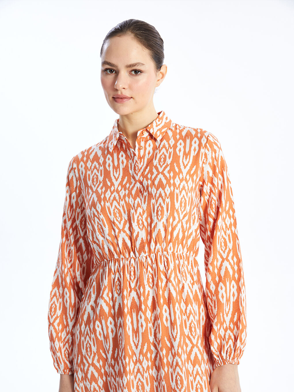Collared Neck Patterned Long Sleeve Women's Dress-2