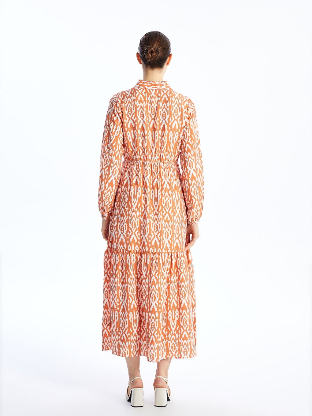 Collared Neck Patterned Long Sleeve Women's Dress-4