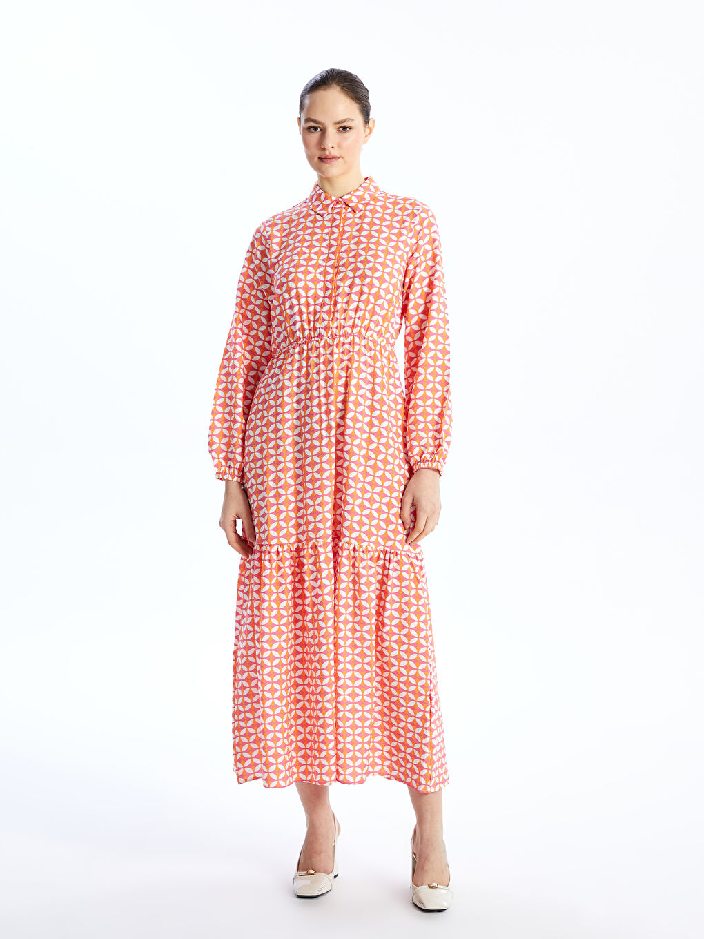 Robe à manches longues à motif avec col pour Femmes