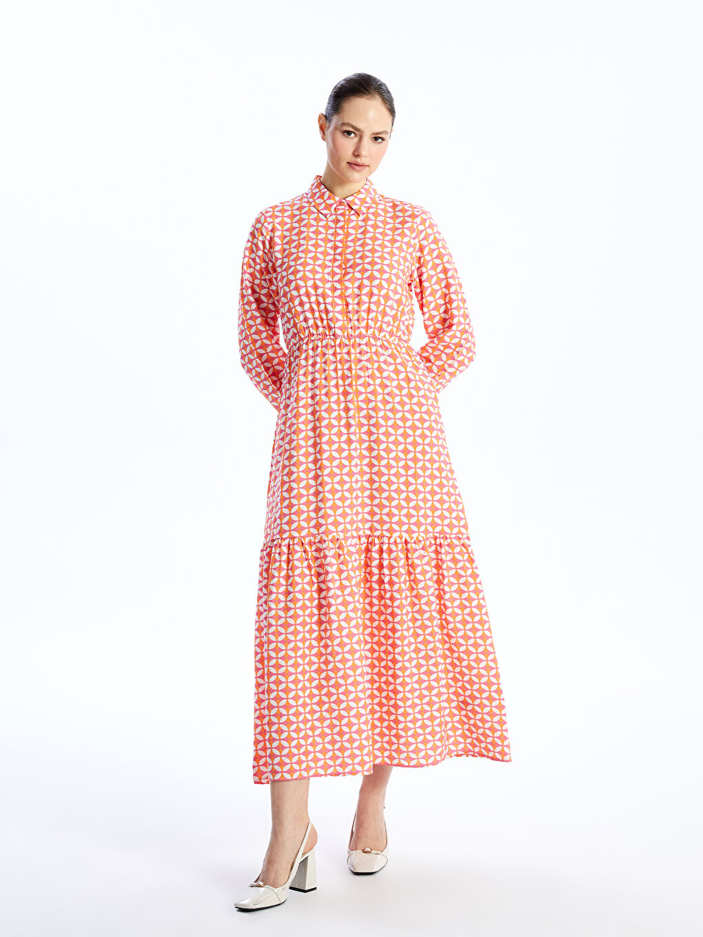 Robe à manches longues à motif avec col pour Femmes-1