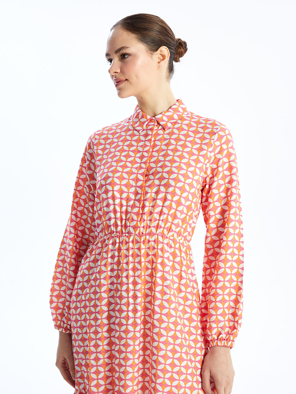 Robe à manches longues à motif avec col pour Femmes-2