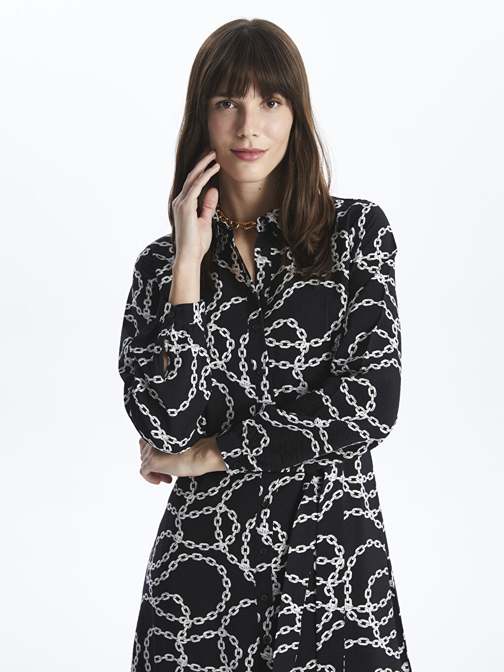 Patterned Long Sleeve Women's Shirt Dress -S42476Z8-LQJ