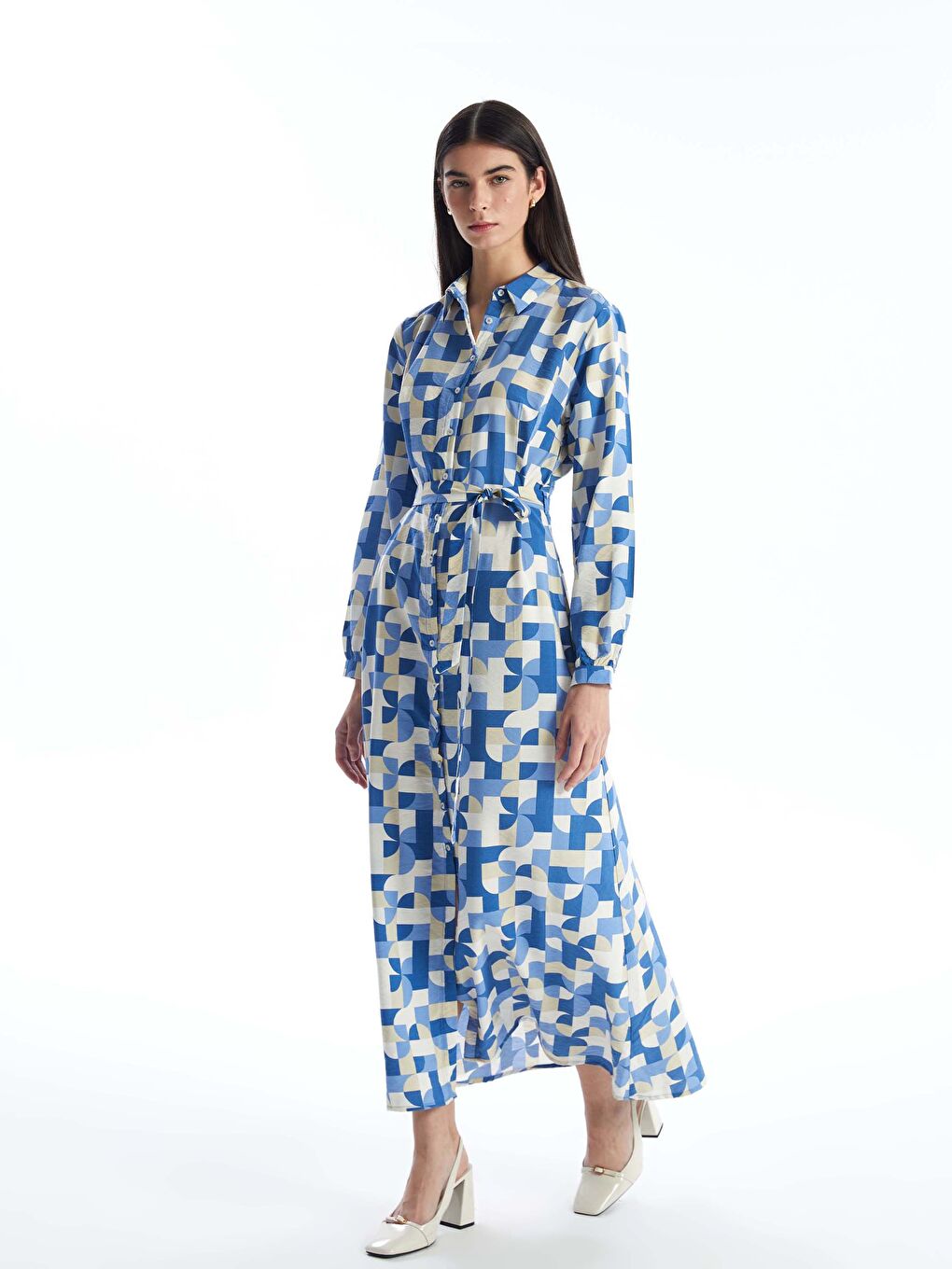 فستان قميص كم طويل منقوش للسيدات