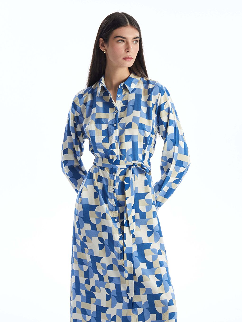 فستان قميص كم طويل منقوش للسيدات-2