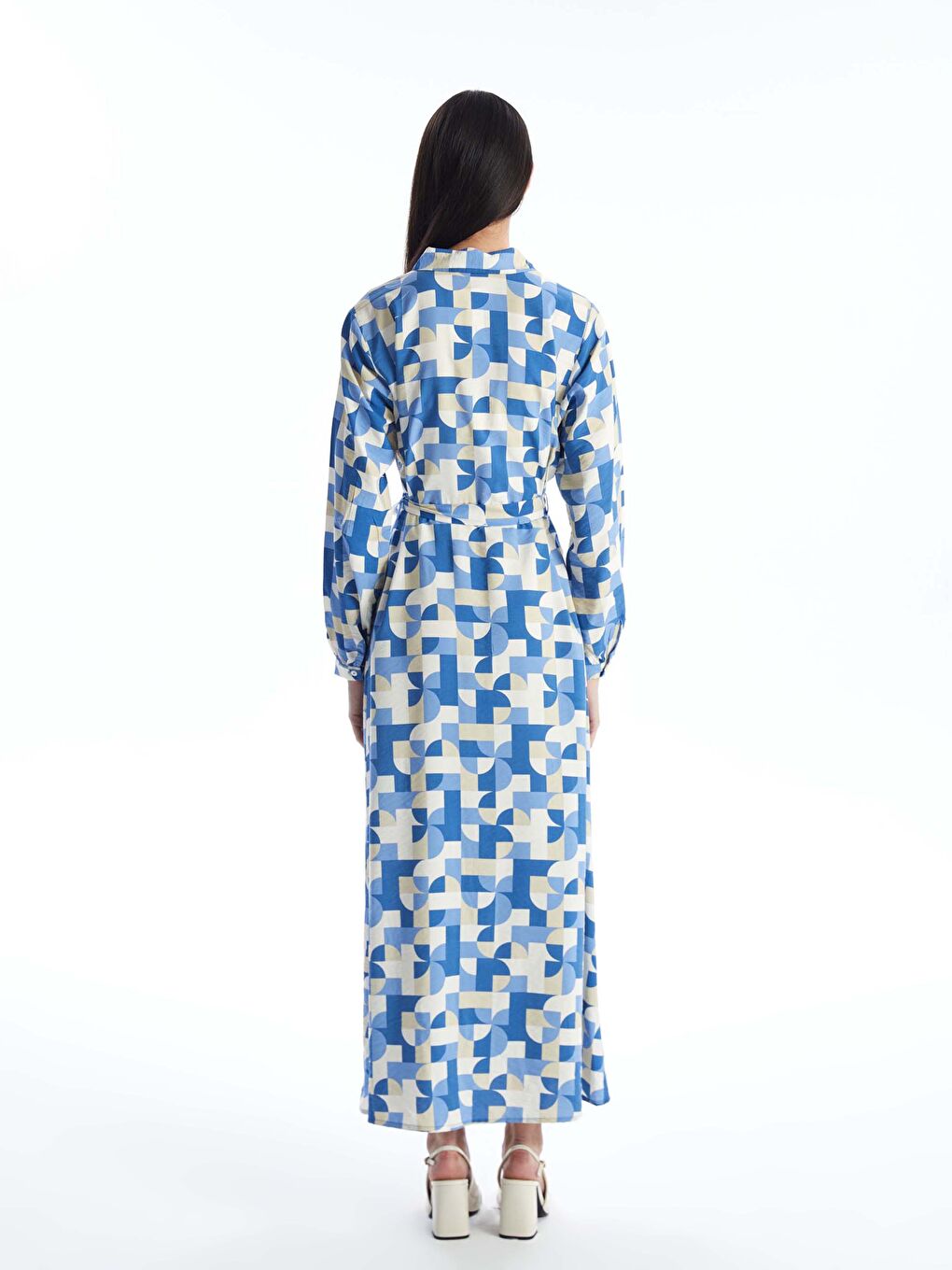 فستان قميص كم طويل منقوش للسيدات-4