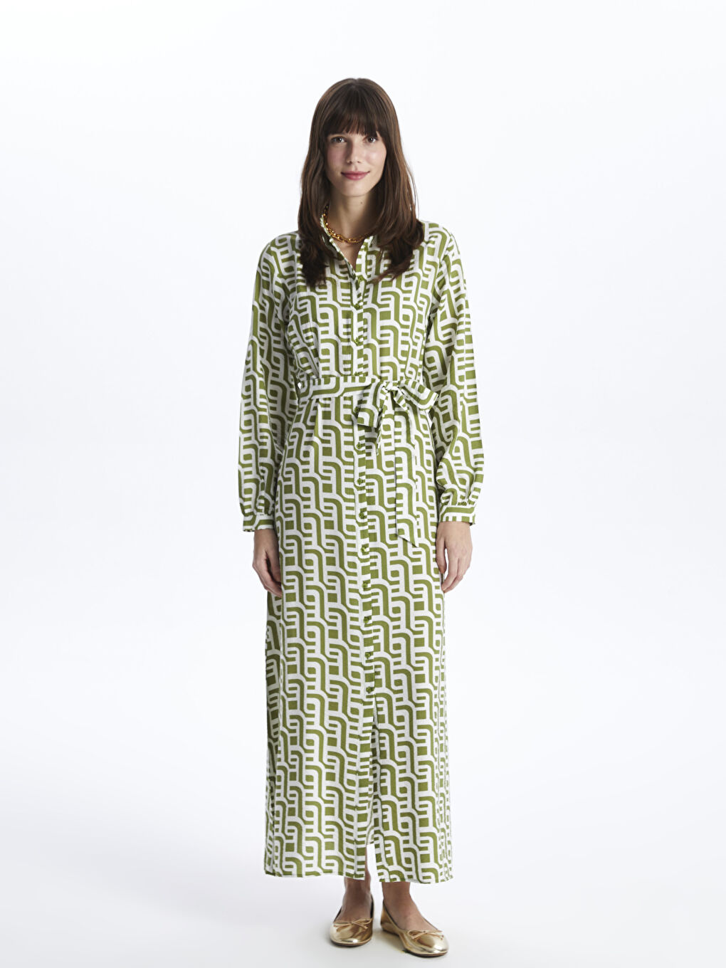 فستان قميص نسائي بأكمام طويلة منقوش-1