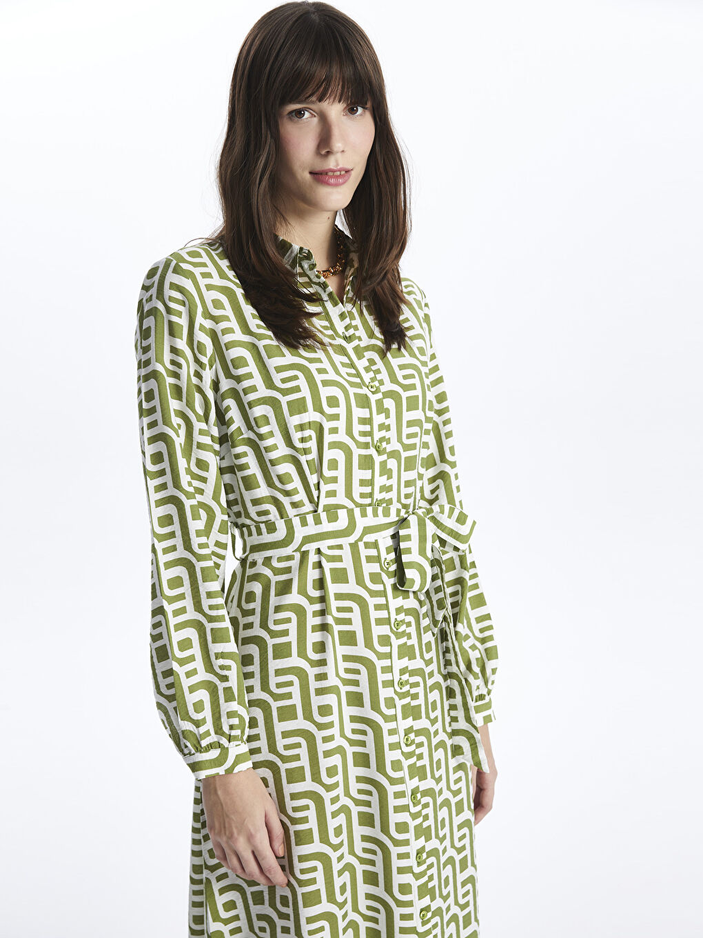 فستان قميص نسائي بأكمام طويلة منقوش-2