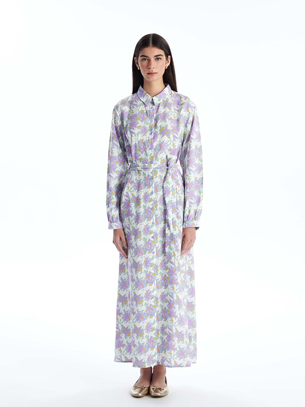 فستان قميص كم طويل منقوش للسيدات-1