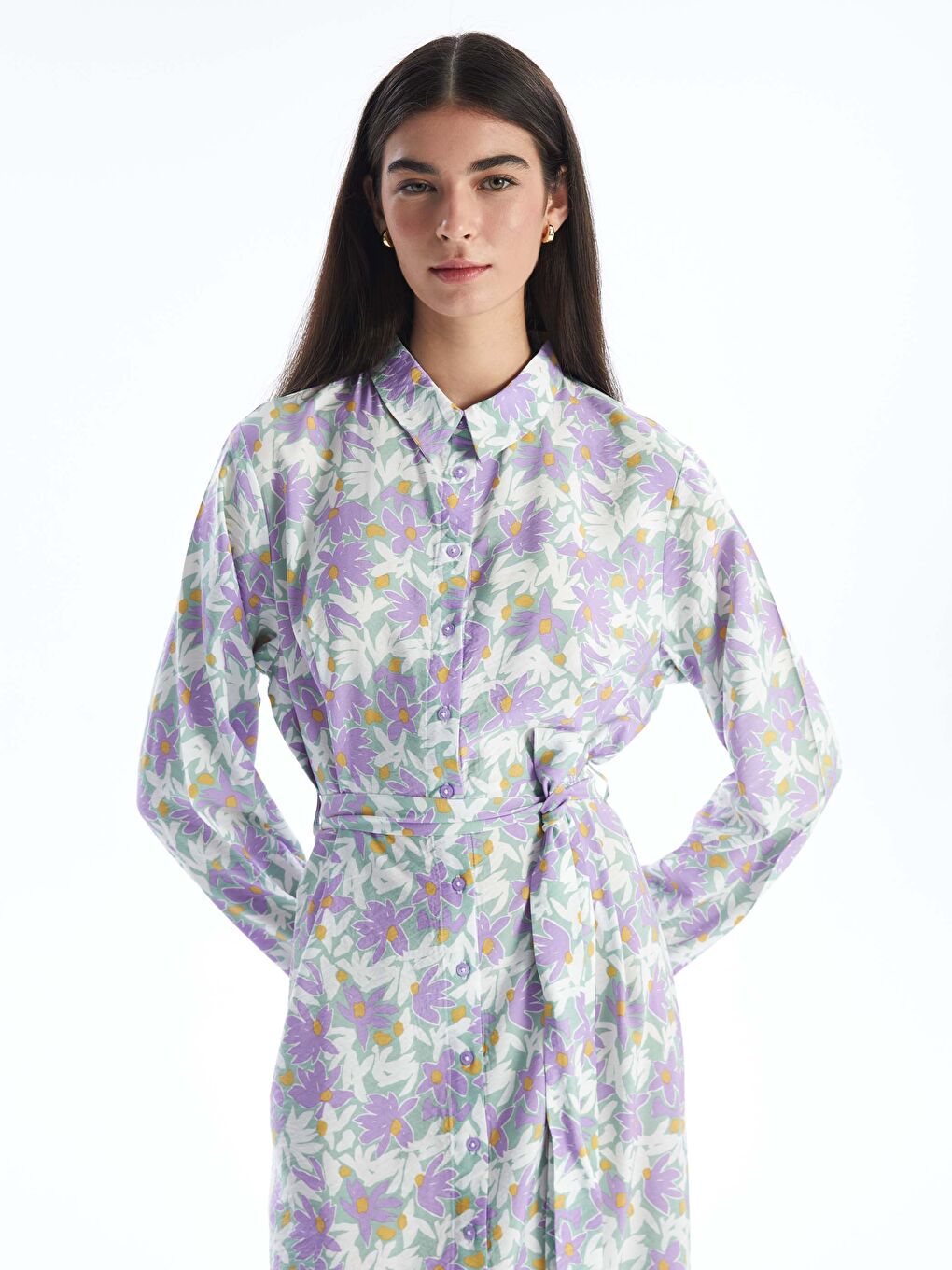 فستان قميص كم طويل منقوش للسيدات-2