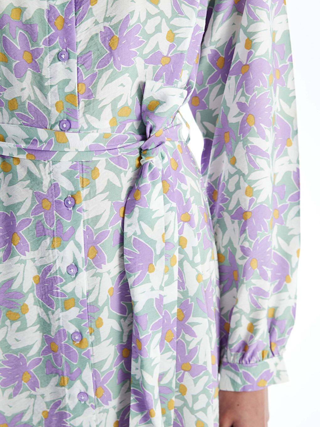 فستان قميص كم طويل منقوش للسيدات-3