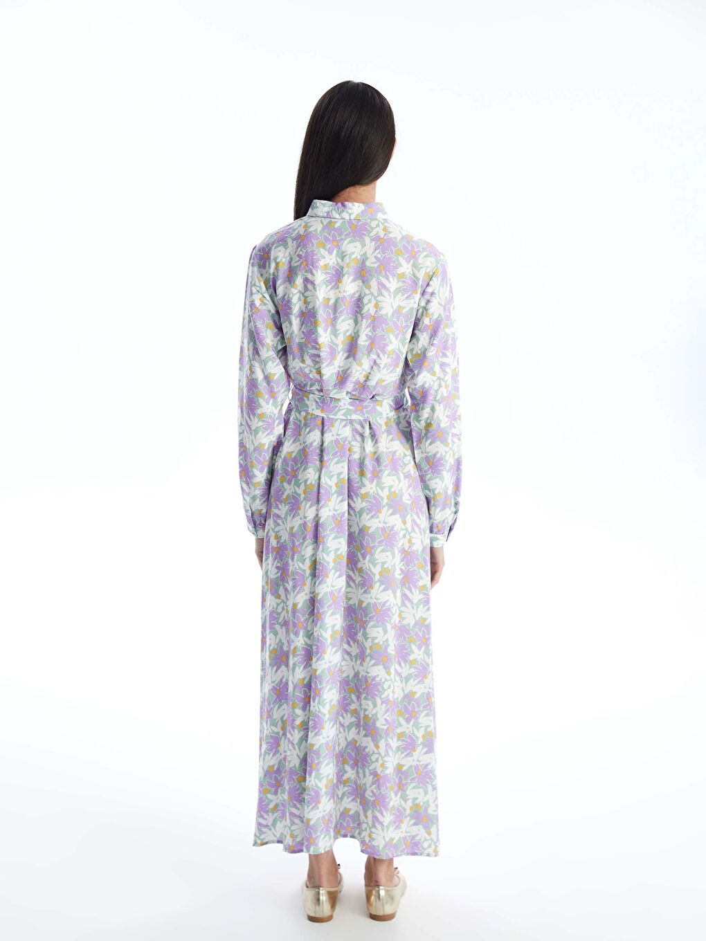 فستان قميص كم طويل منقوش للسيدات-4