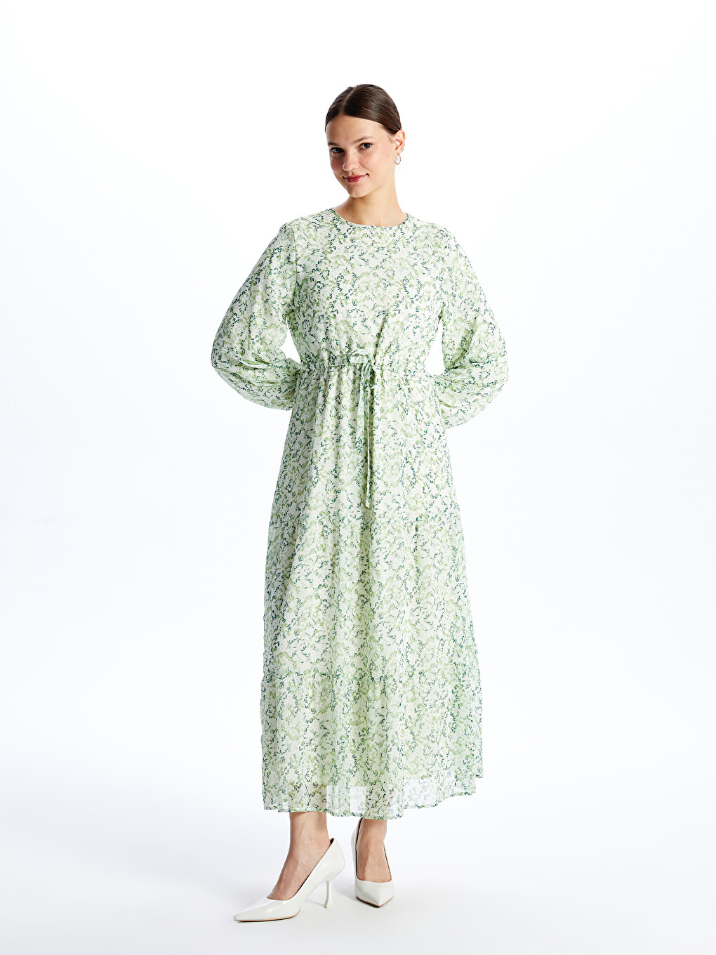 Crew Neck Patterned Long Sleeve Women's Dress-1