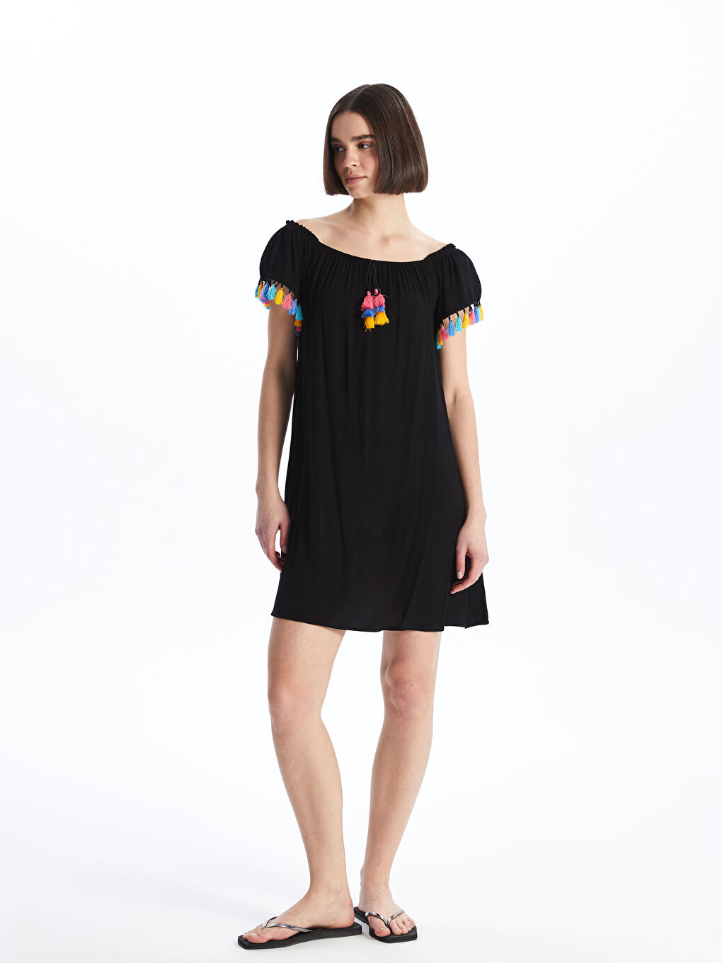 Slash Neck Plain Short Sleeve Women's Beach Dress -S42579Z8-CVL