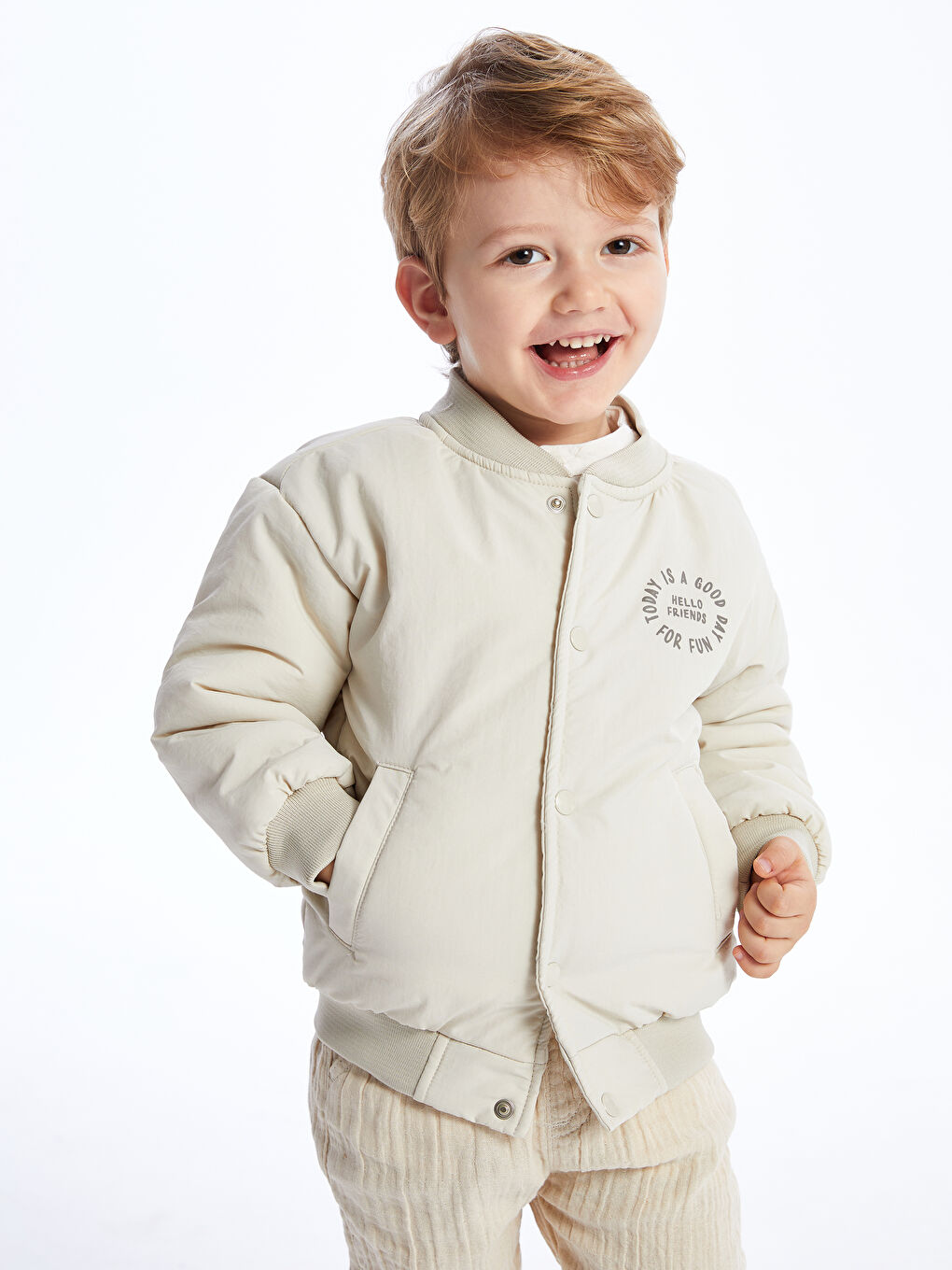 LCW Kids Gri Kolej Yaka Uzun Kollu Baskılı Erkek Bebek Bomber Mont - 1