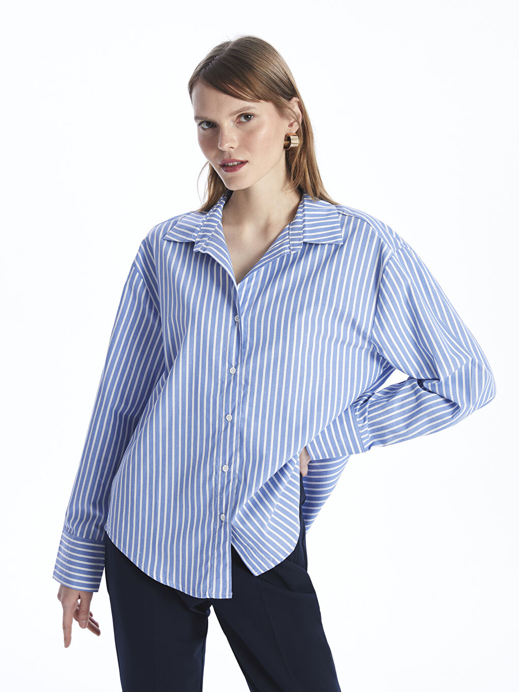 Mavi Çizgili Oversize Poplin Kadın Gömlek-1
