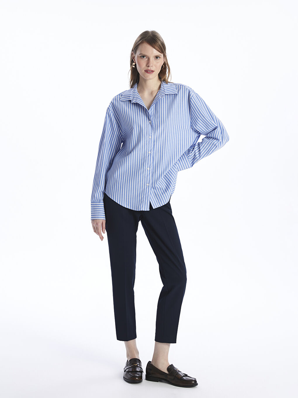 Mavi Çizgili Oversize Poplin Kadın Gömlek-2