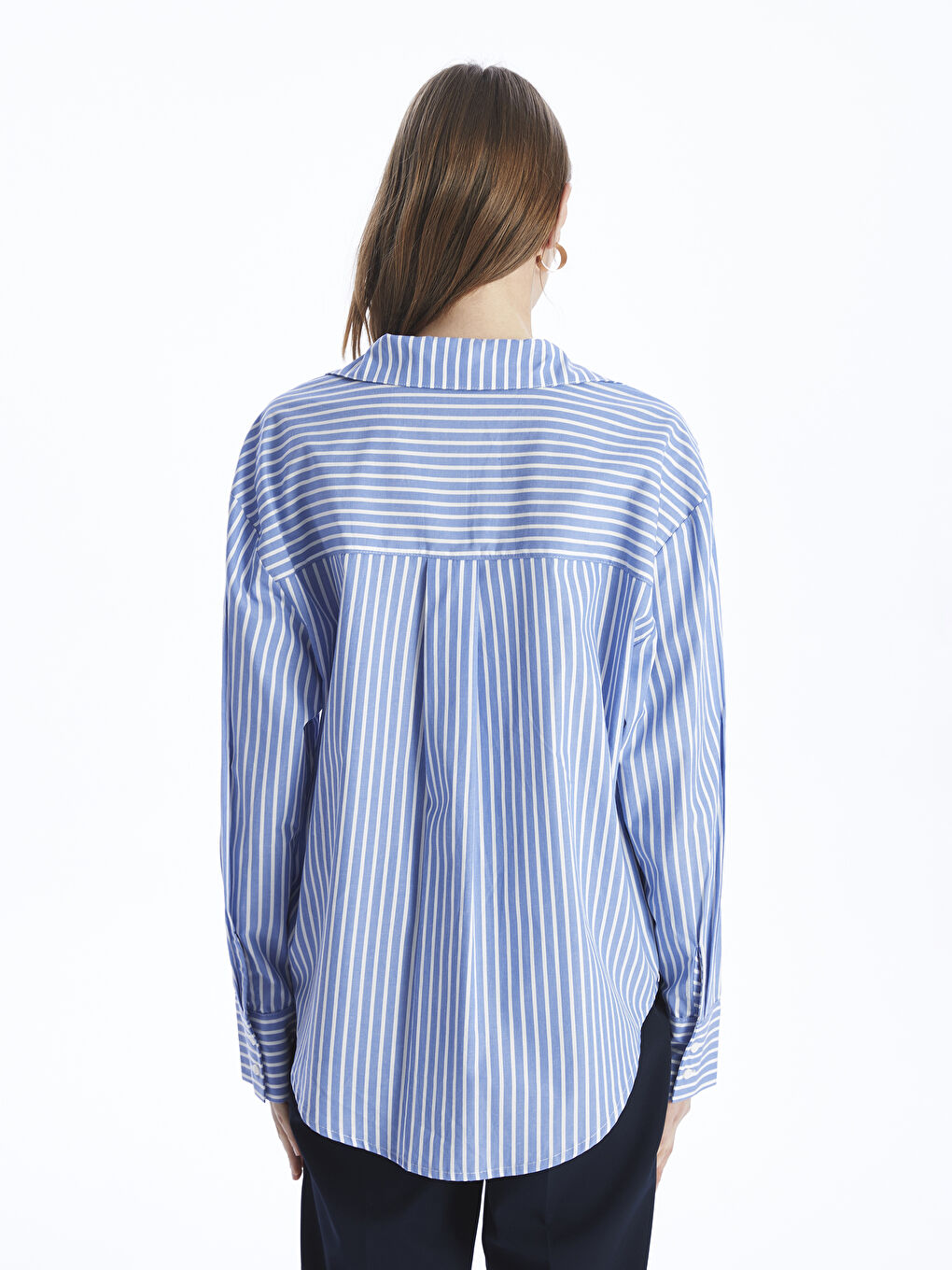 Mavi Çizgili Oversize Poplin Kadın Gömlek-4