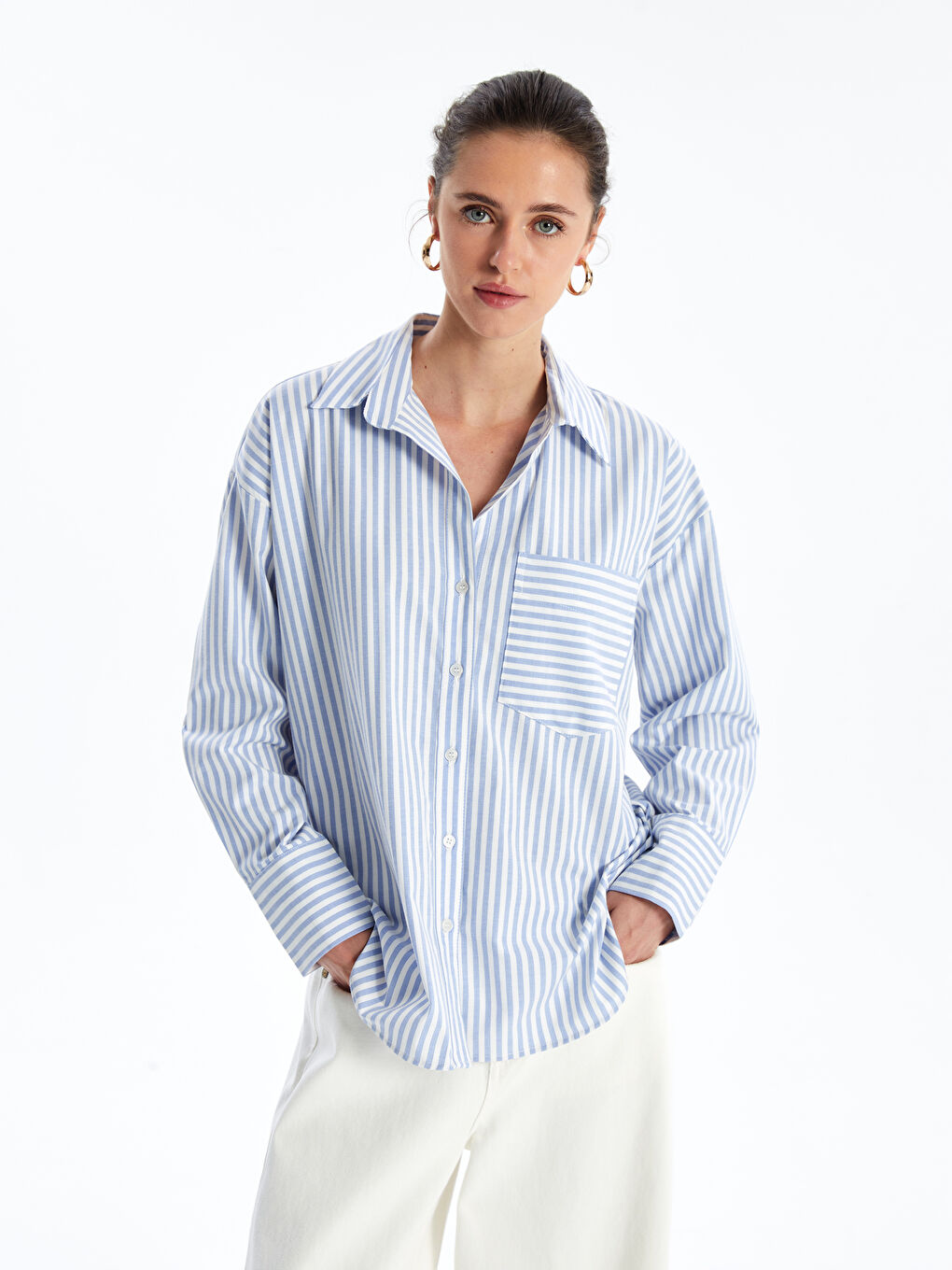 Striped Long Sleeve Oversize Women's Shirt -S42709Z8-LEN