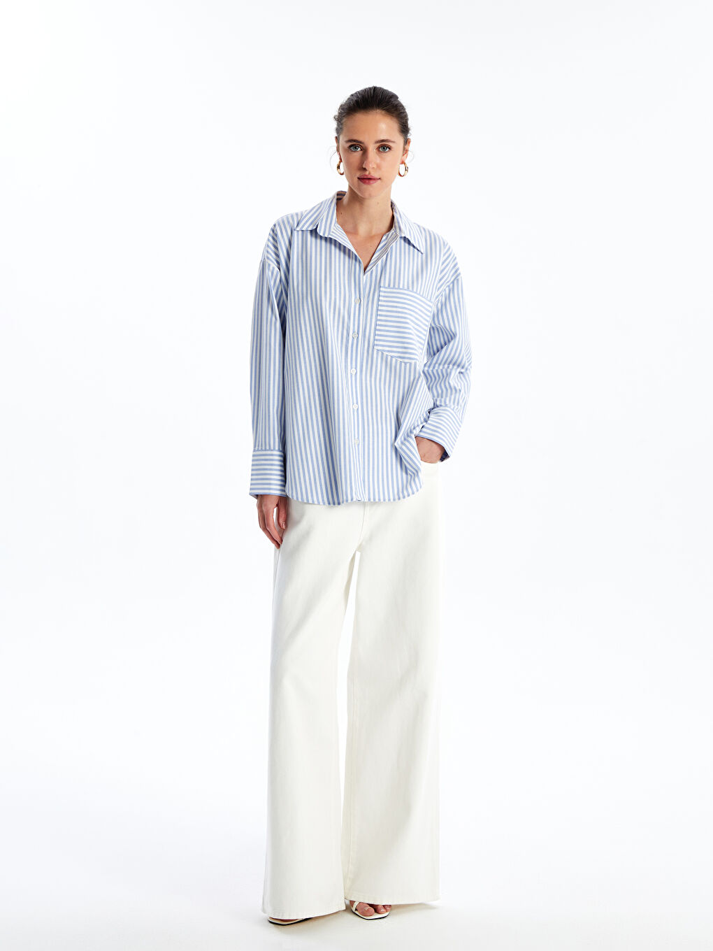 Striped Long Sleeve Oversize Women's Shirt -S42709Z8-LEN