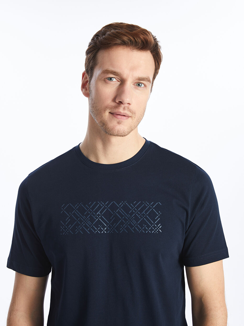 Lacivert Bisiklet Yaka Kısa Kollu Baskılı Penye Erkek Tişört