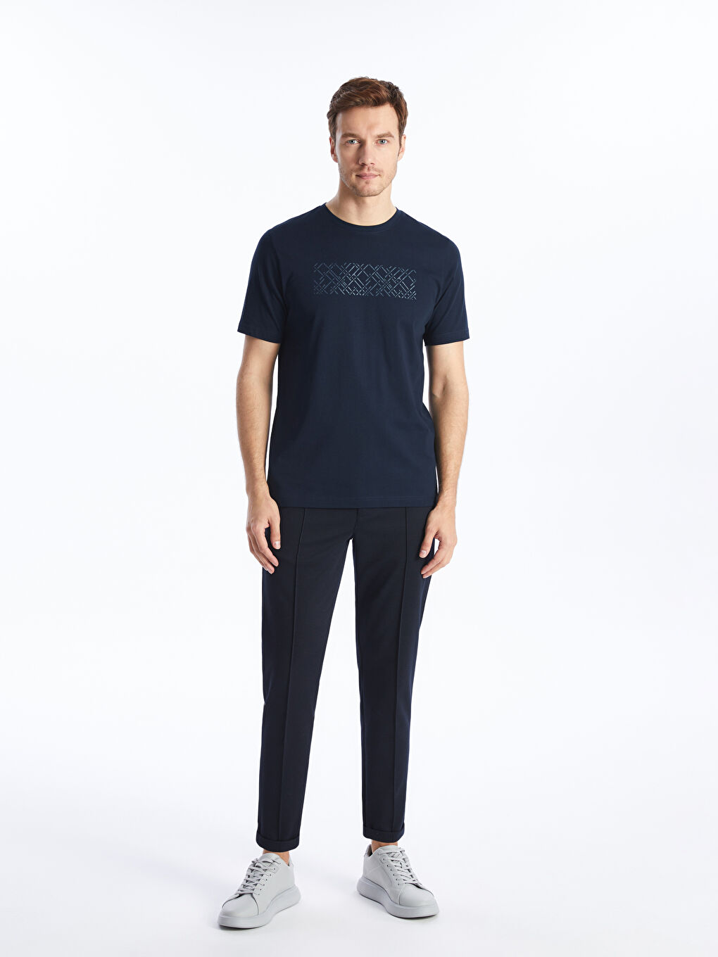 Lacivert Bisiklet Yaka Kısa Kollu Baskılı Penye Erkek Tişört-2