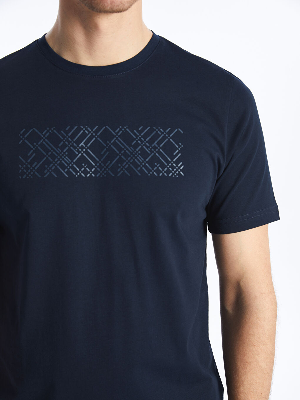 Lacivert Bisiklet Yaka Kısa Kollu Baskılı Penye Erkek Tişört-3