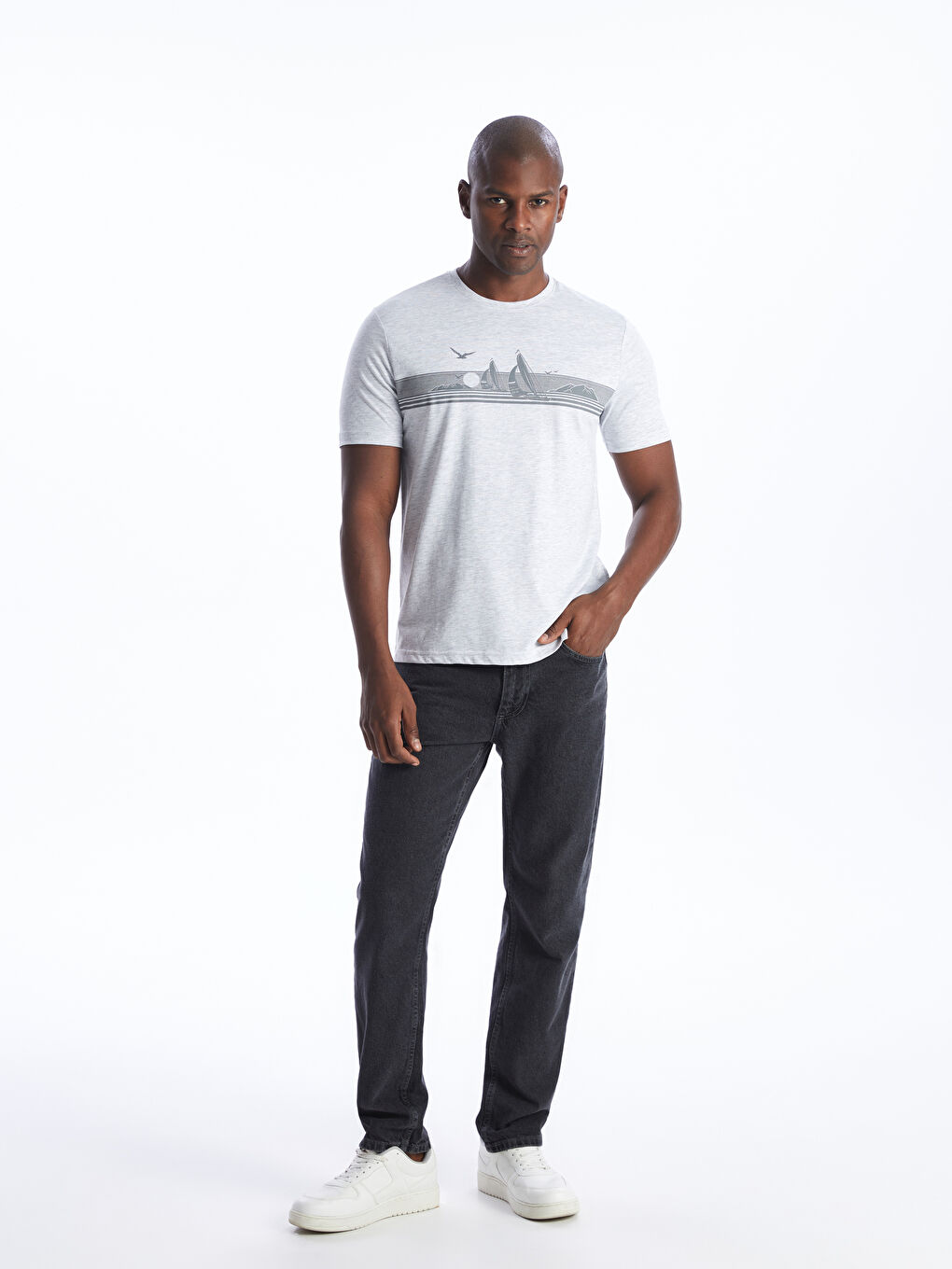 Bej Bisiklet Yaka Kısa Kollu Baskılı Penye Erkek Tişört-2