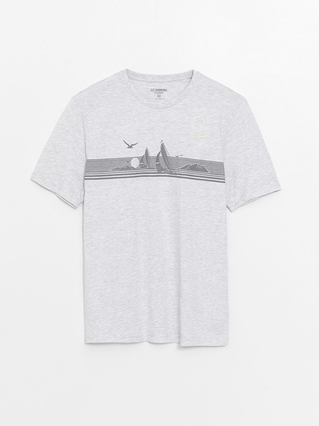 Bej Bisiklet Yaka Kısa Kollu Baskılı Penye Erkek Tişört-5