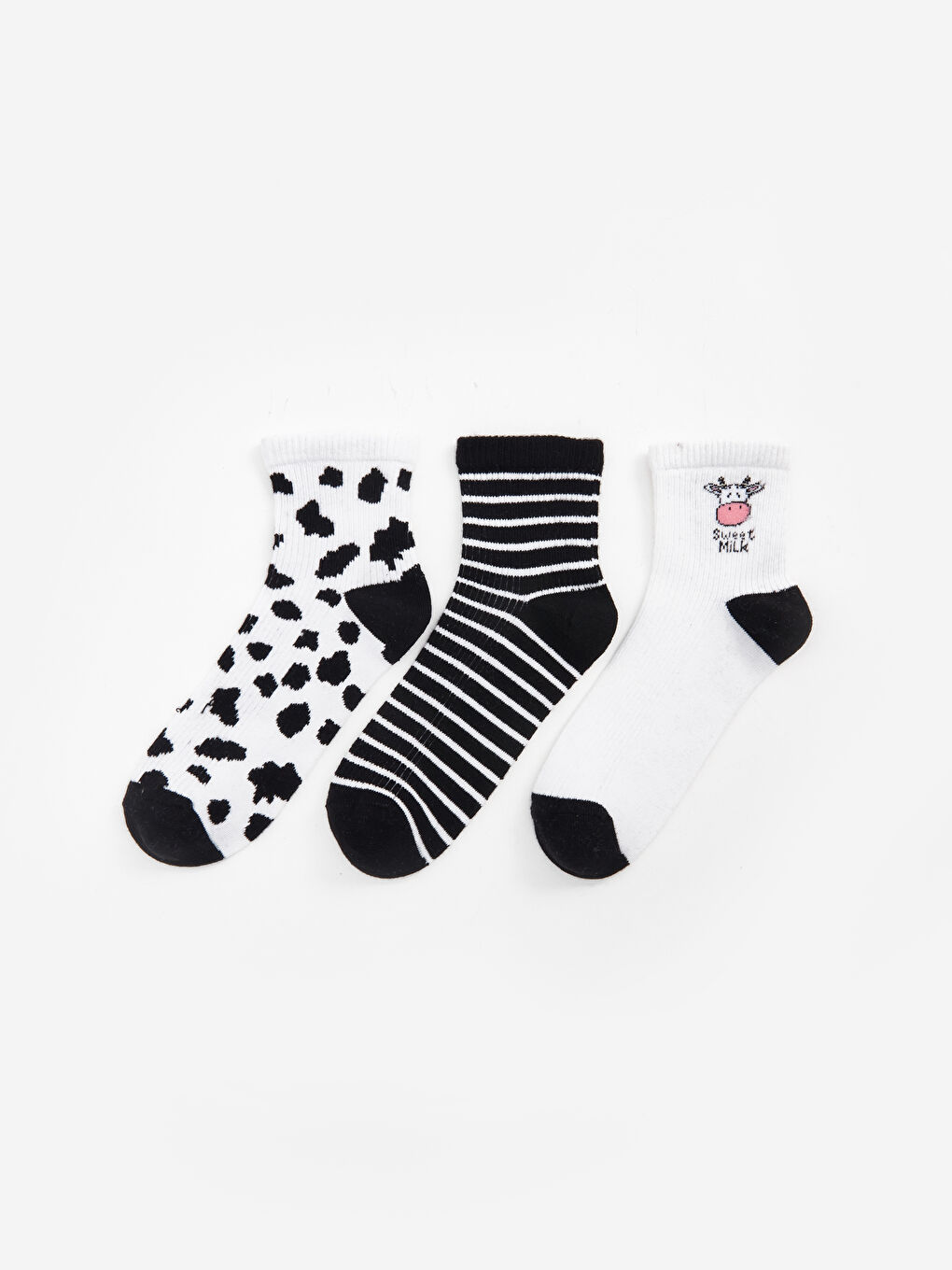 Beyaz Baskılı Kadın Soket Çorap 3'lü