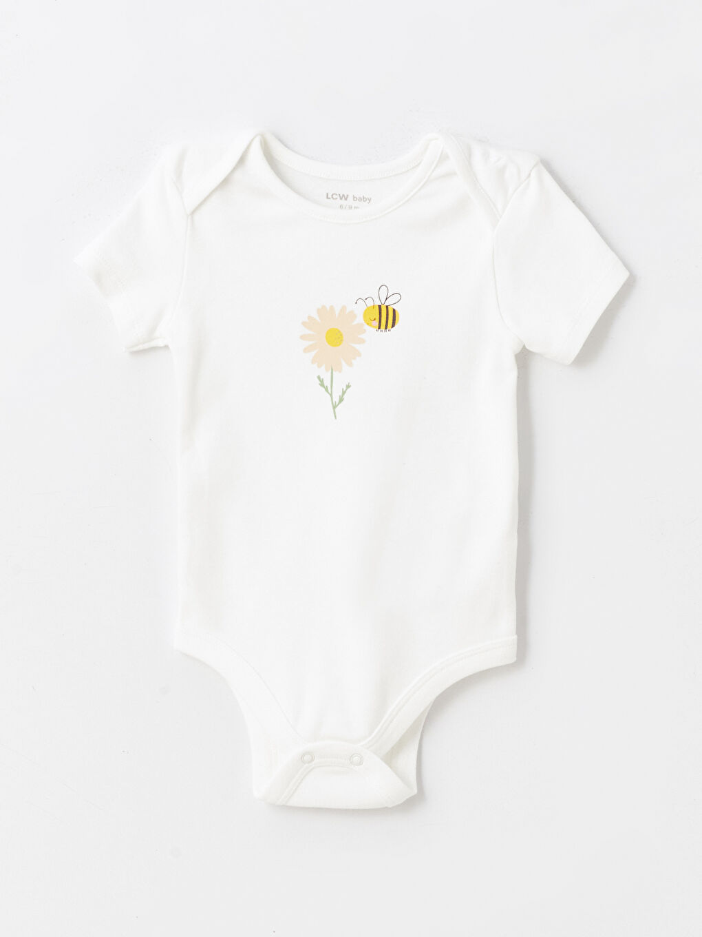 LCW baby Ekru Bisiklet Yaka Çiçekli Kız Bebek Çıtçıtlı Bodysuit