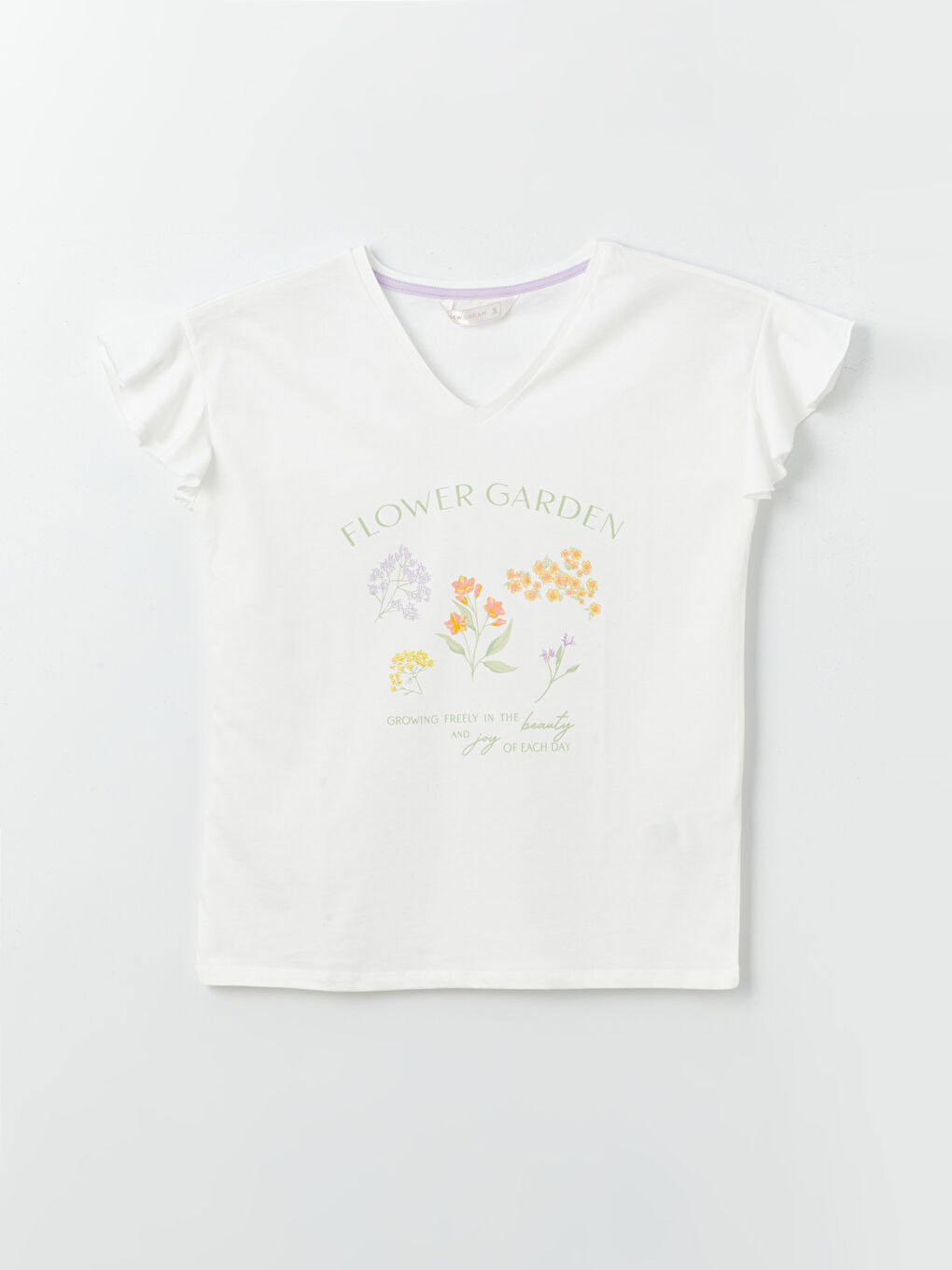 Ekru V Yaka Baskılı Kısa Kollu Kadın Pijama Üst