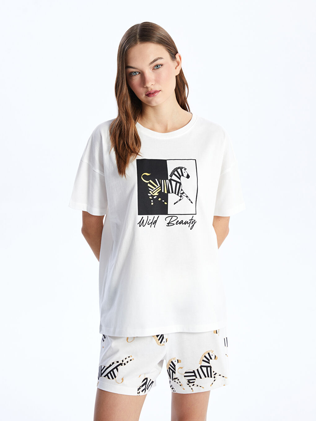 Crew Neck Printed Short Sleeve Women's Short Pajamas Set -S43195Z8-LRA