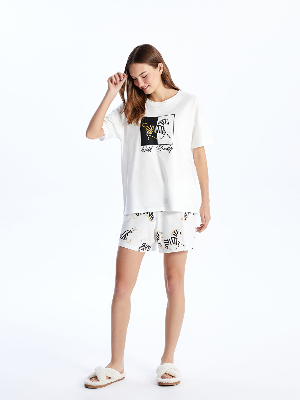 Crew Neck Printed Short Sleeve Women's Short Pajamas Set -S43195Z8-LRA