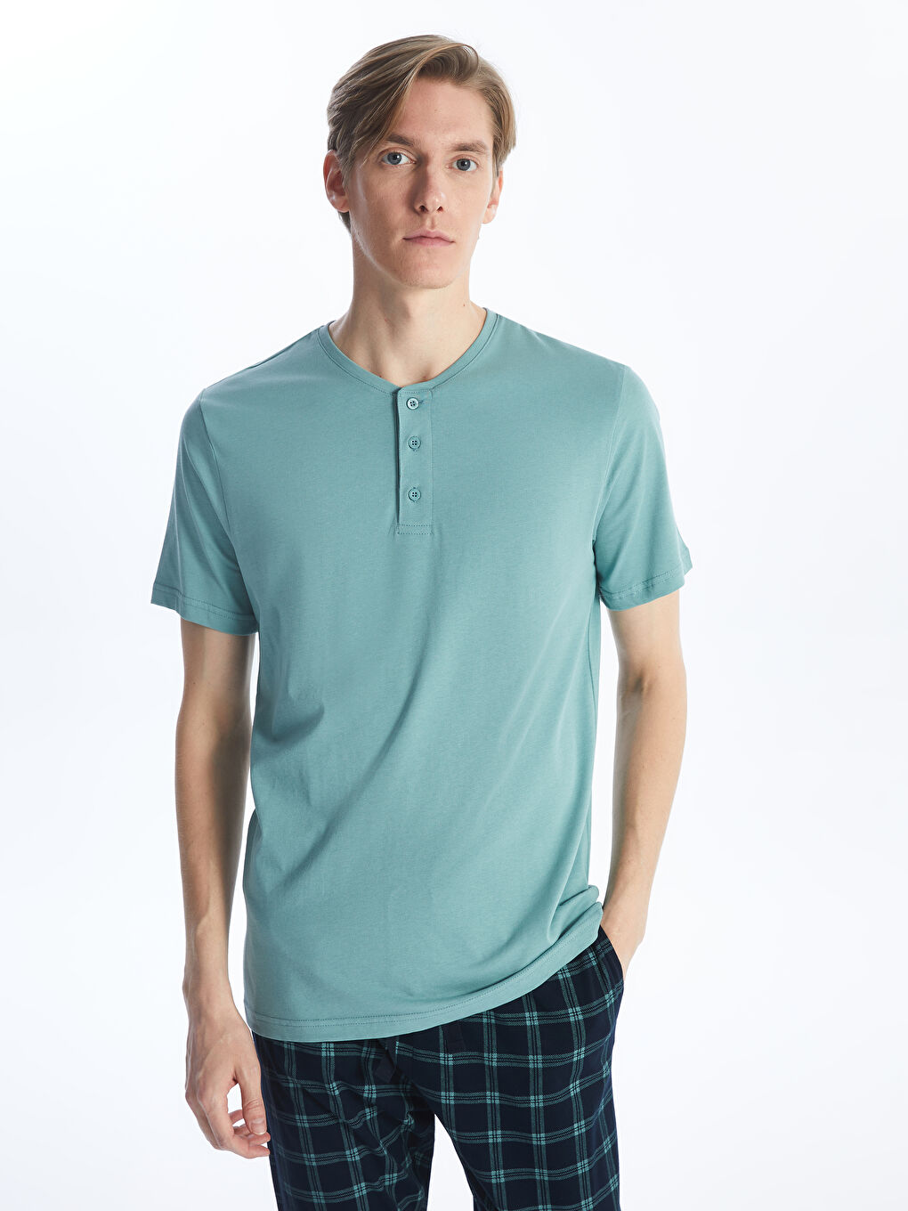 Yeşil Bisiklet Yaka Uzun Kollu Erkek Pijama Üst