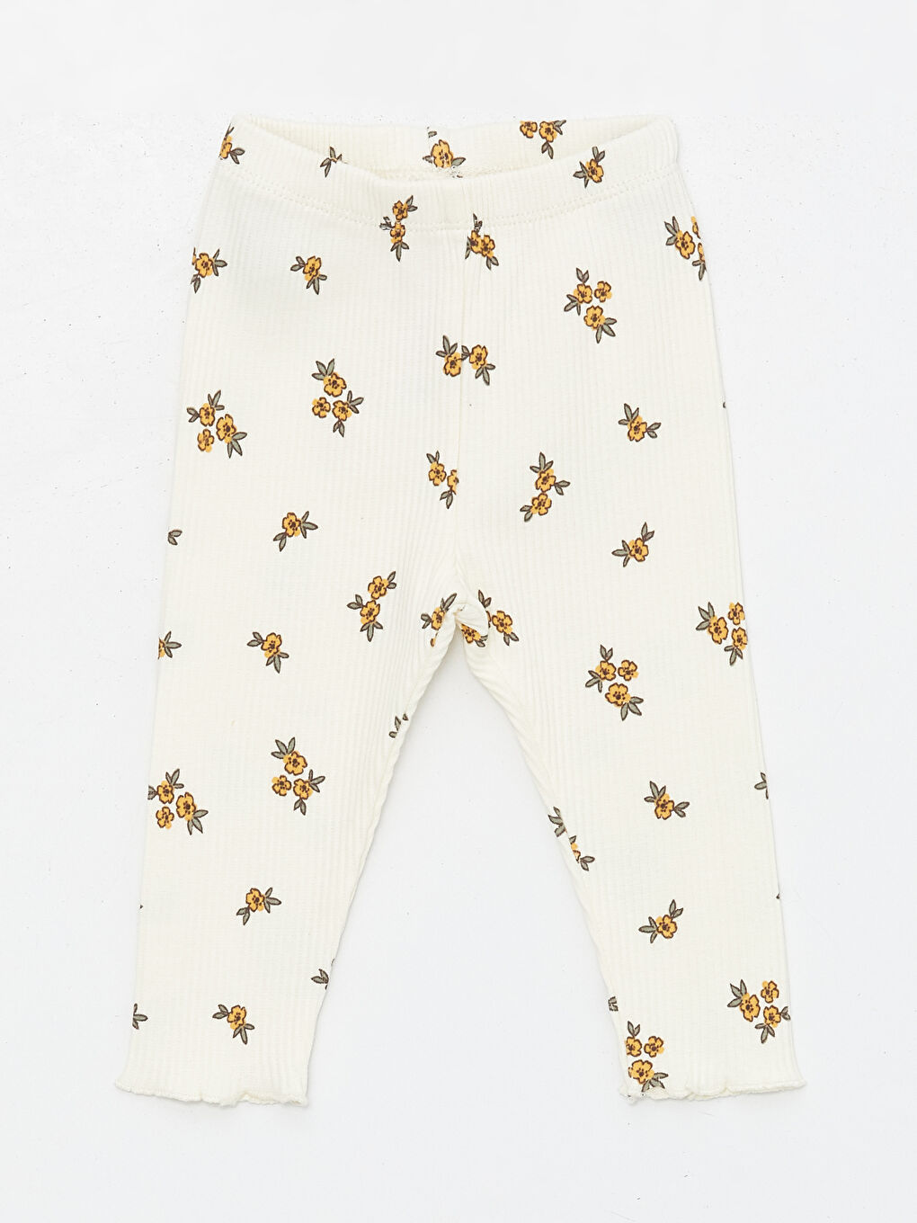 Ekru Beli Lastikli Çiçekli Kız Bebek Tayt Pantolon