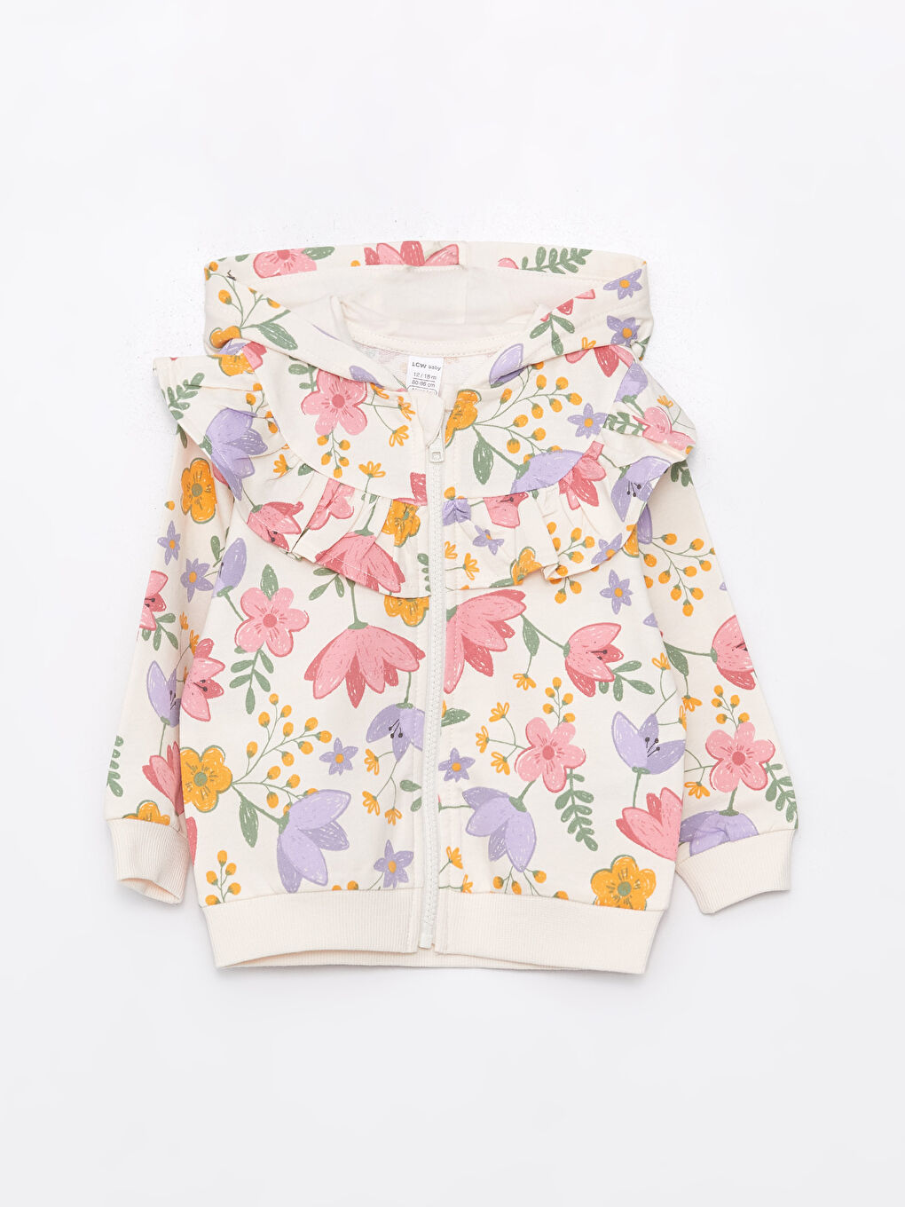 Ekru Kapüşonlu Çiçekli Kız Bebek Fermuarlı Sweatshirt