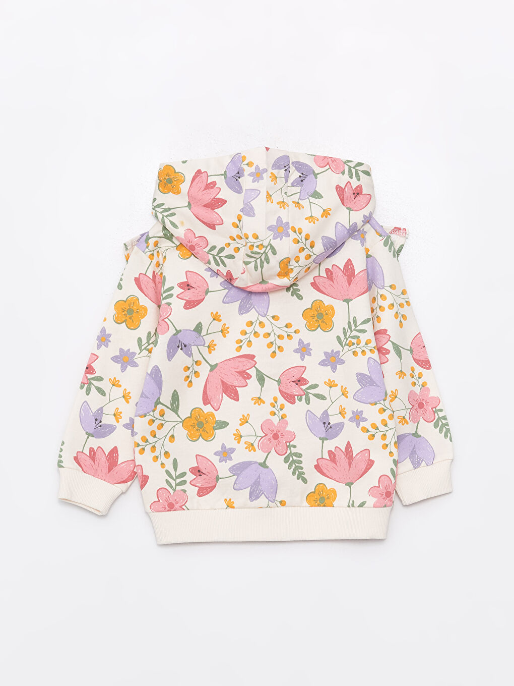 Ekru Kapüşonlu Çiçekli Kız Bebek Fermuarlı Sweatshirt-2