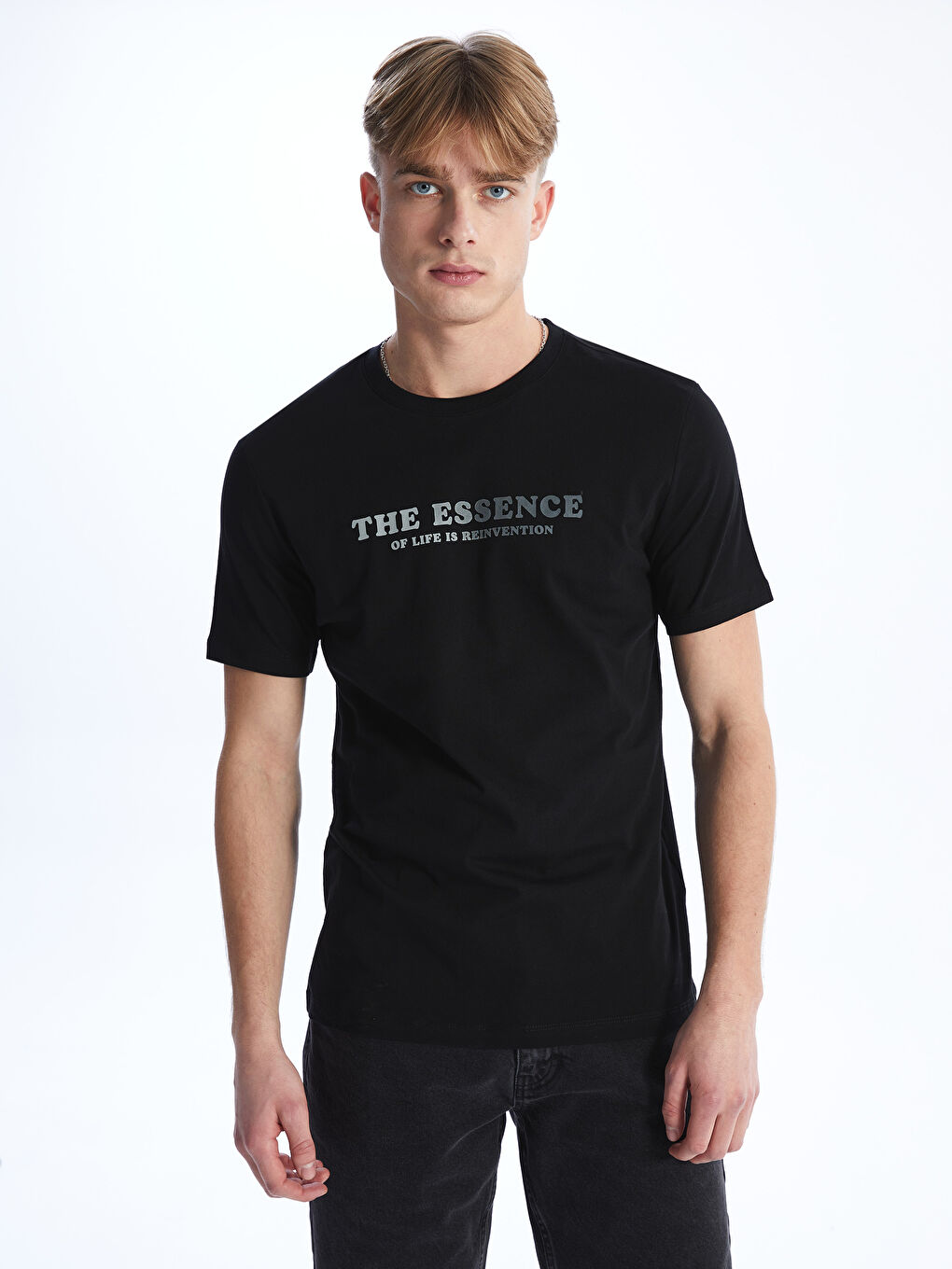 Siyah Bisiklet Yaka Kısa Kollu Baskılı Penye Erkek Tişört-1