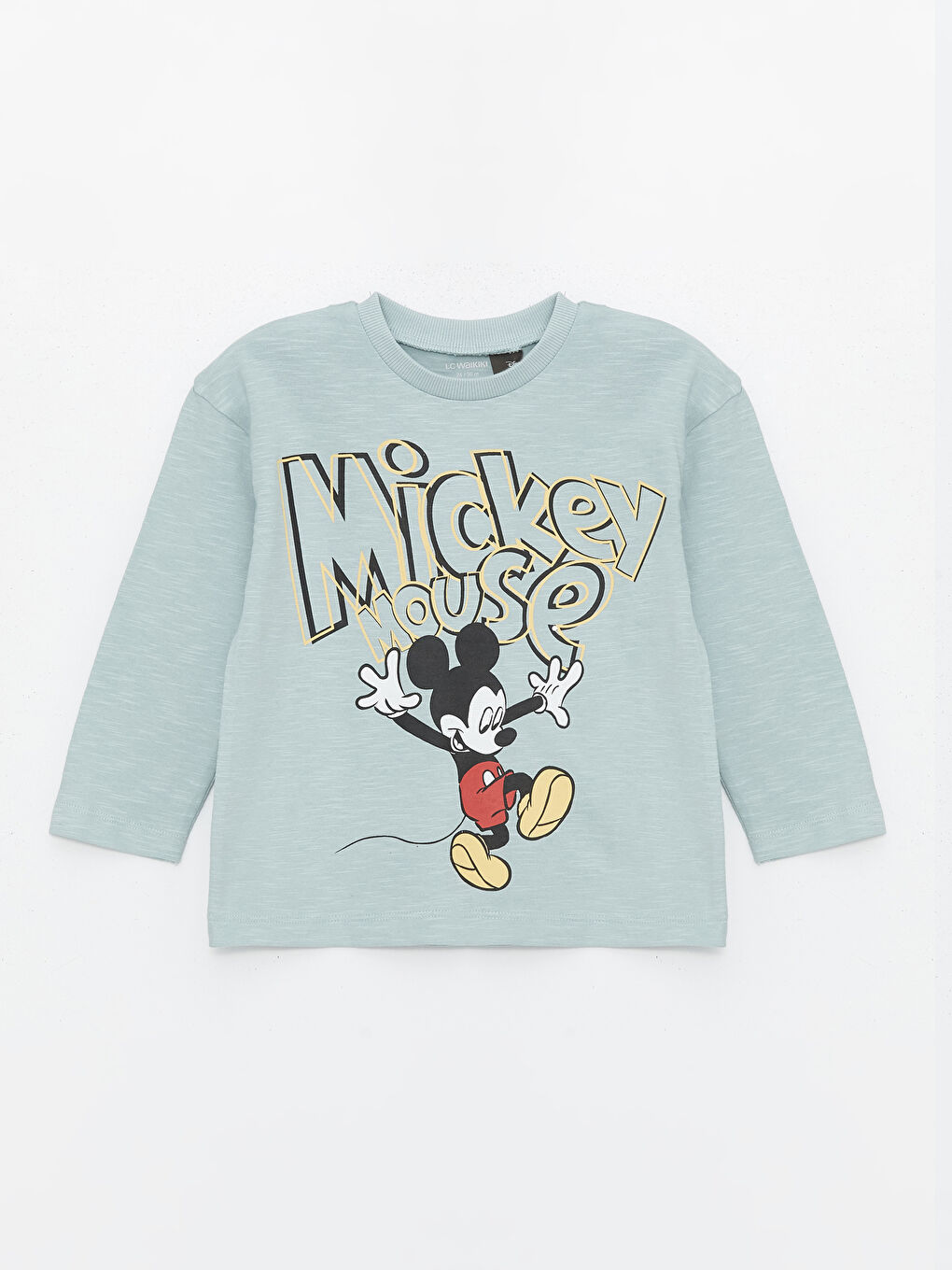 Mavi Bisiklet Yaka Uzun Kollu Mickey Mouse Baskılı Erkek Bebek Tişört