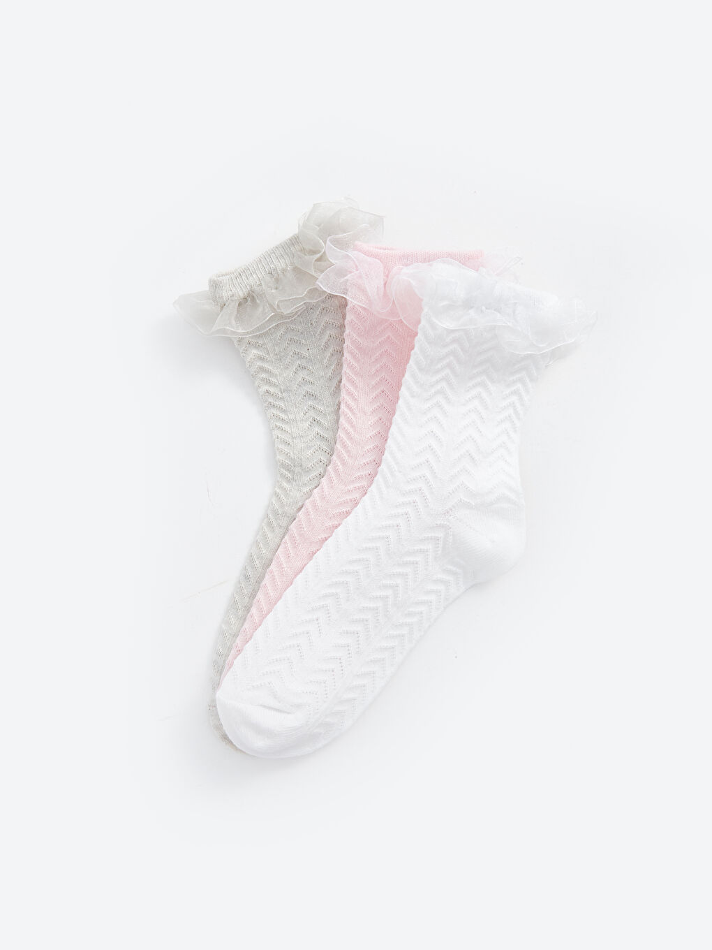 Ekru Dantel Detaylı Kız Çocuk Soket Çorap 3'lü-1