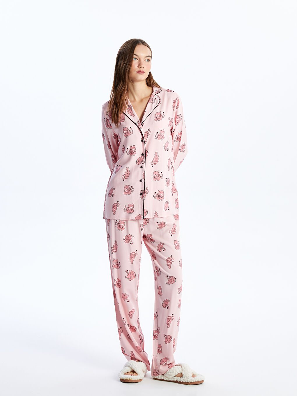 Shirt Collar Patterned Women's Pajamas Set -S44058Z8-LT4