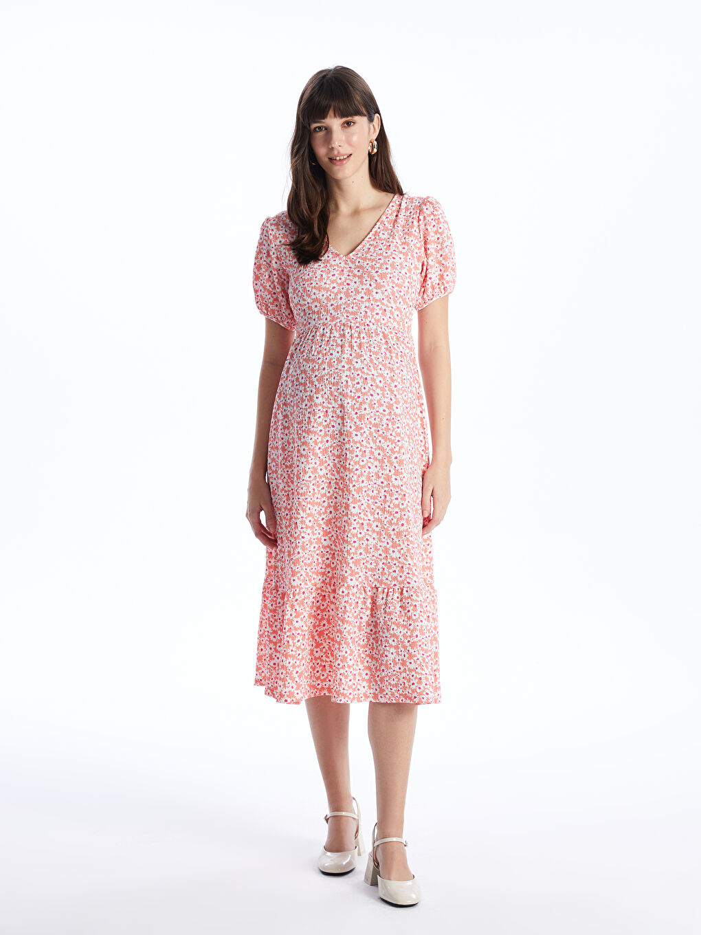 LCWAIKIKI Maternity V-Neck Patterned Short Sleeve Maternity Dress -S44216Z8-LR8