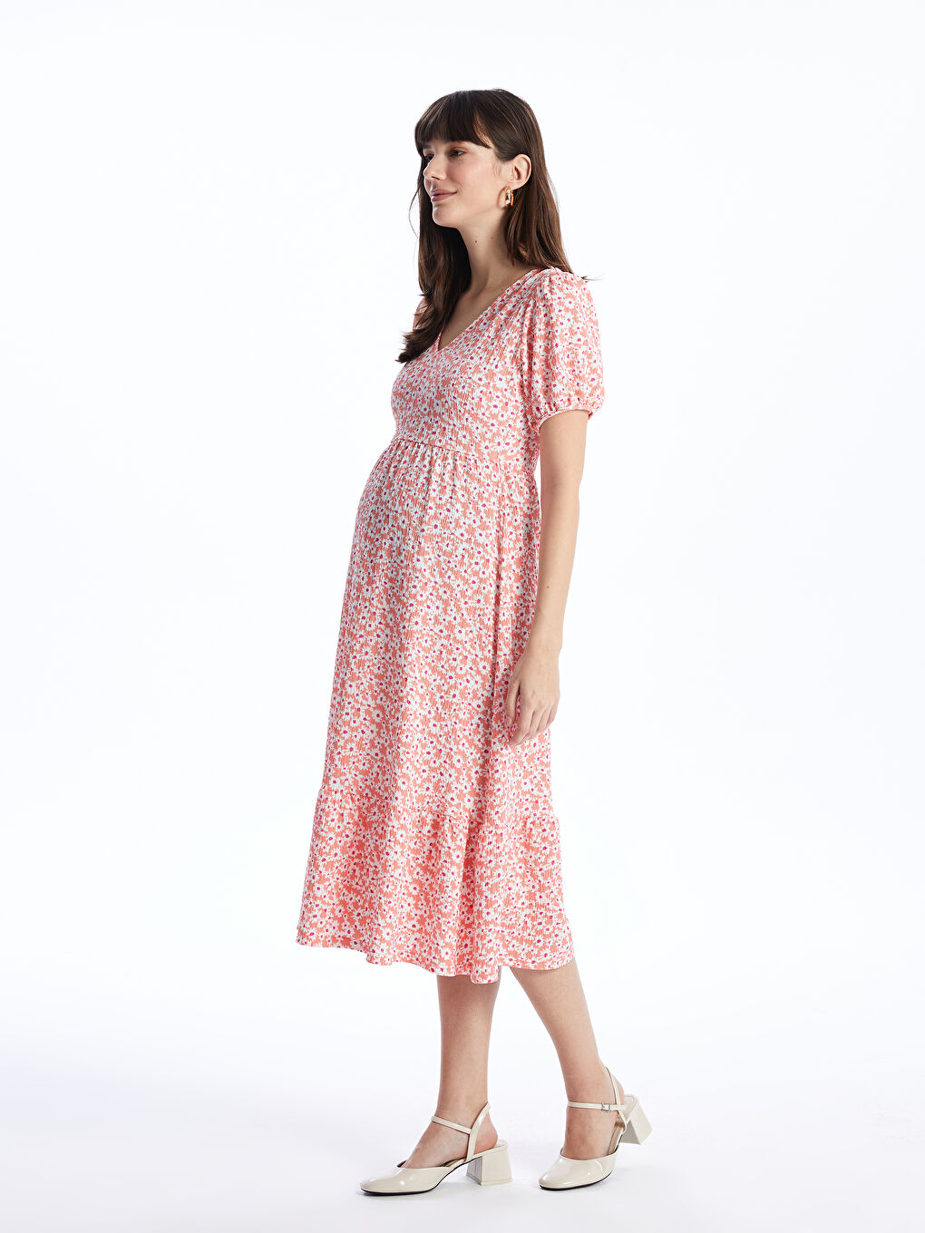 LCWAIKIKI Maternity V-Neck Patterned Short Sleeve Maternity Dress -S44216Z8-LR8
