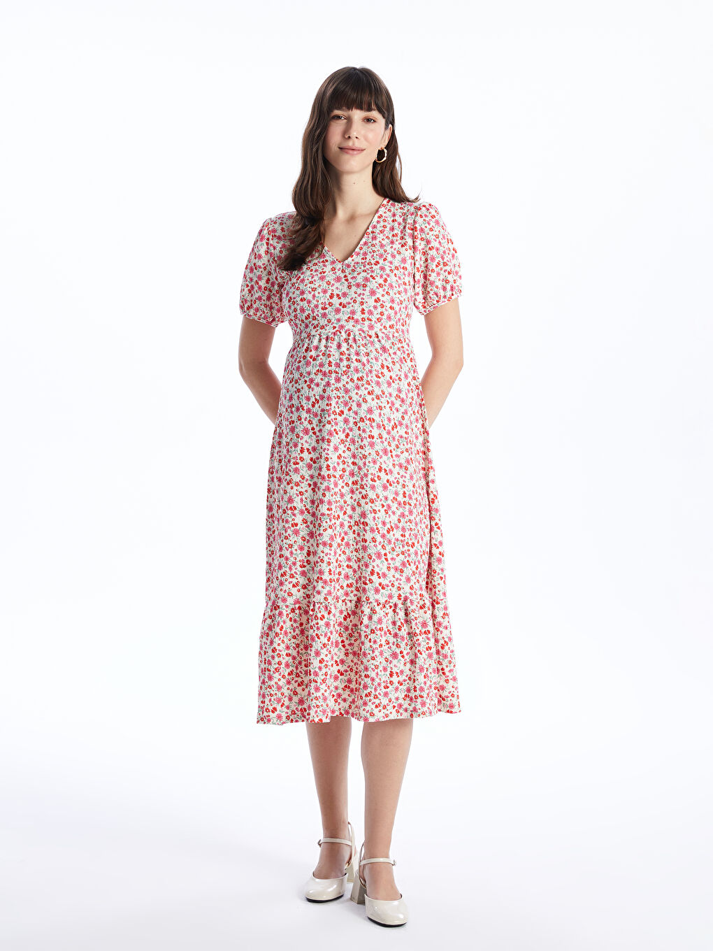 V-Neck Patterned Short Sleeve Maternity Dress -S44216Z8-LT9