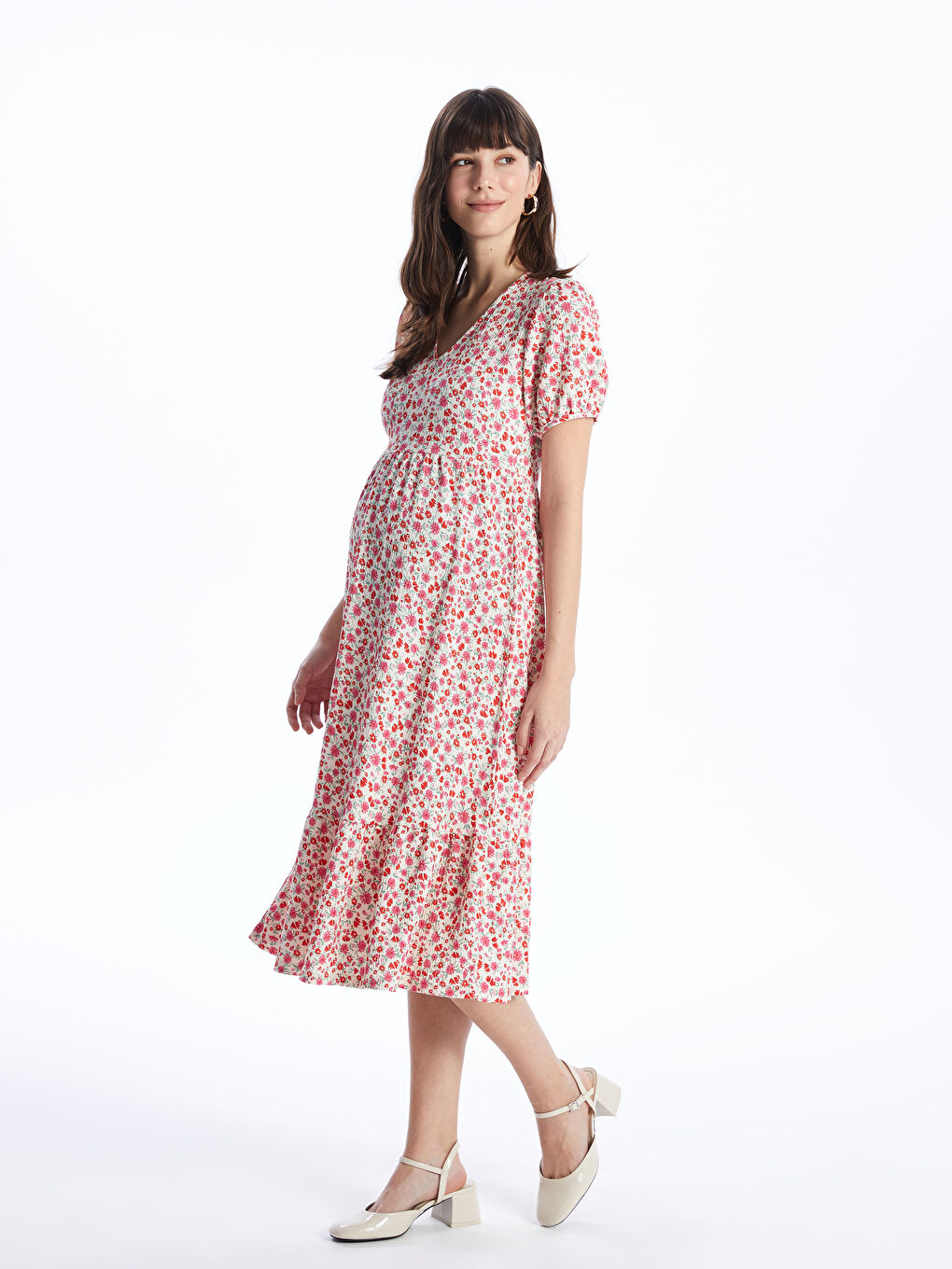 V-Neck Patterned Short Sleeve Maternity Dress -S44216Z8-LT9