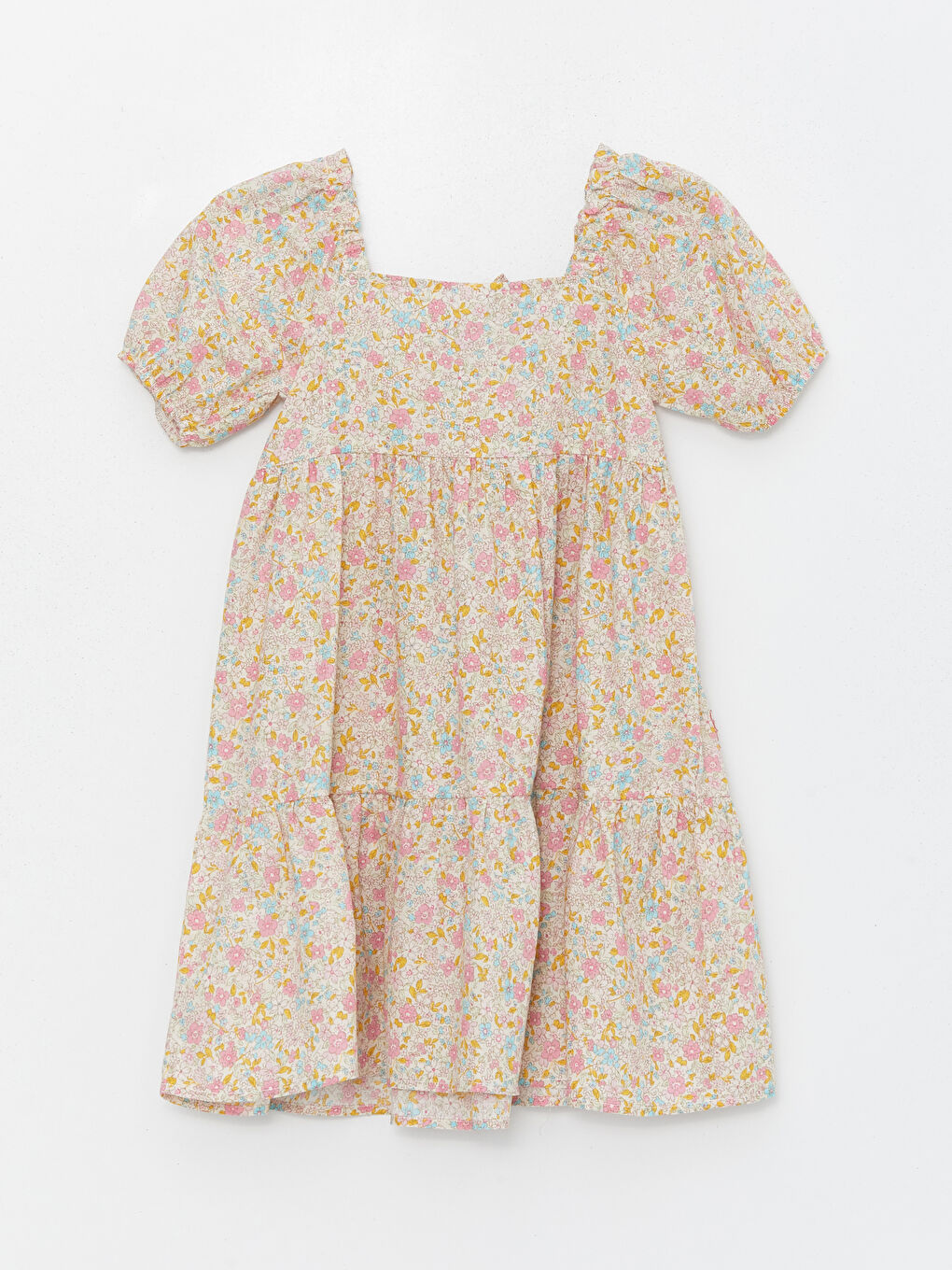 Платье с квадратным воротником, цветочным узором и коротким рукавом для девочек-1