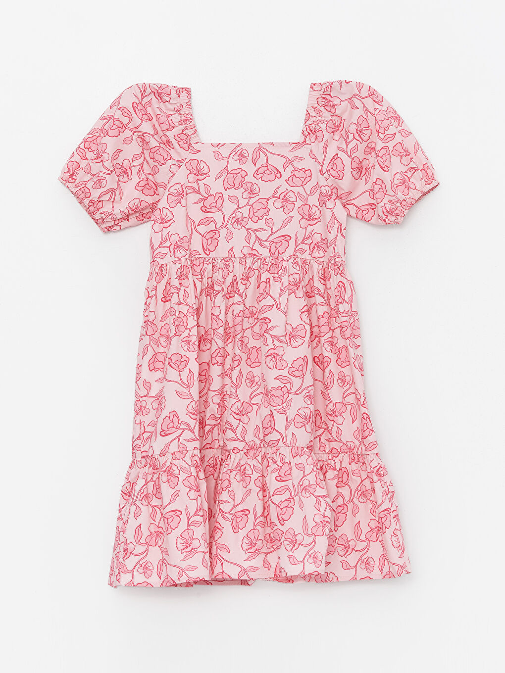 فستان للبنات بياقة مربعة بأكمام قصيرة ونقشة زهرية-1