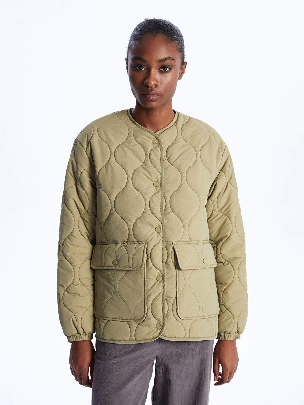 Crew Neck Self Patterned Long Sleeve Women's Down Jacket -S44292Z8-RSX