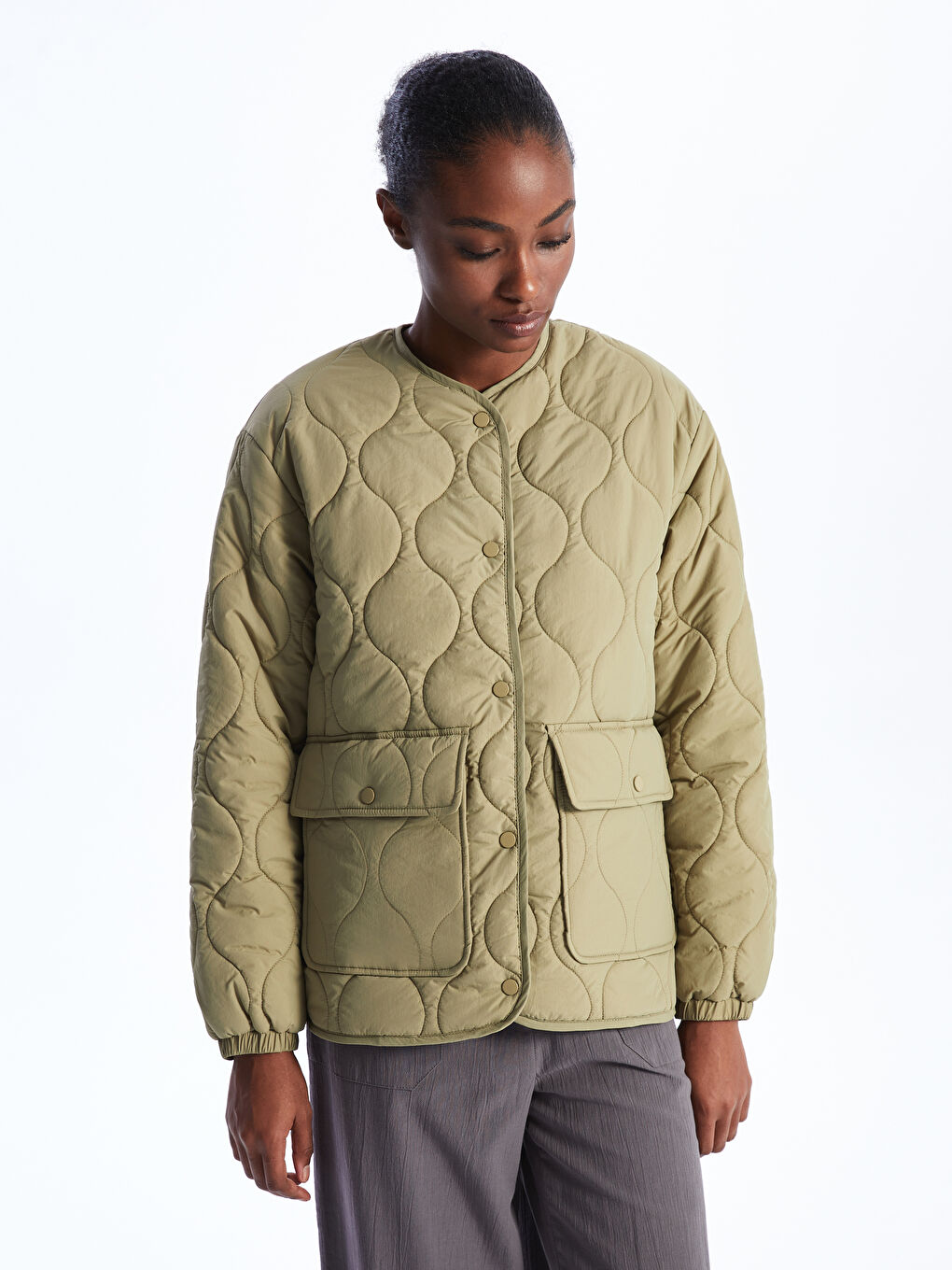 Crew Neck Self Patterned Long Sleeve Women's Down Jacket -S44292Z8-RSX