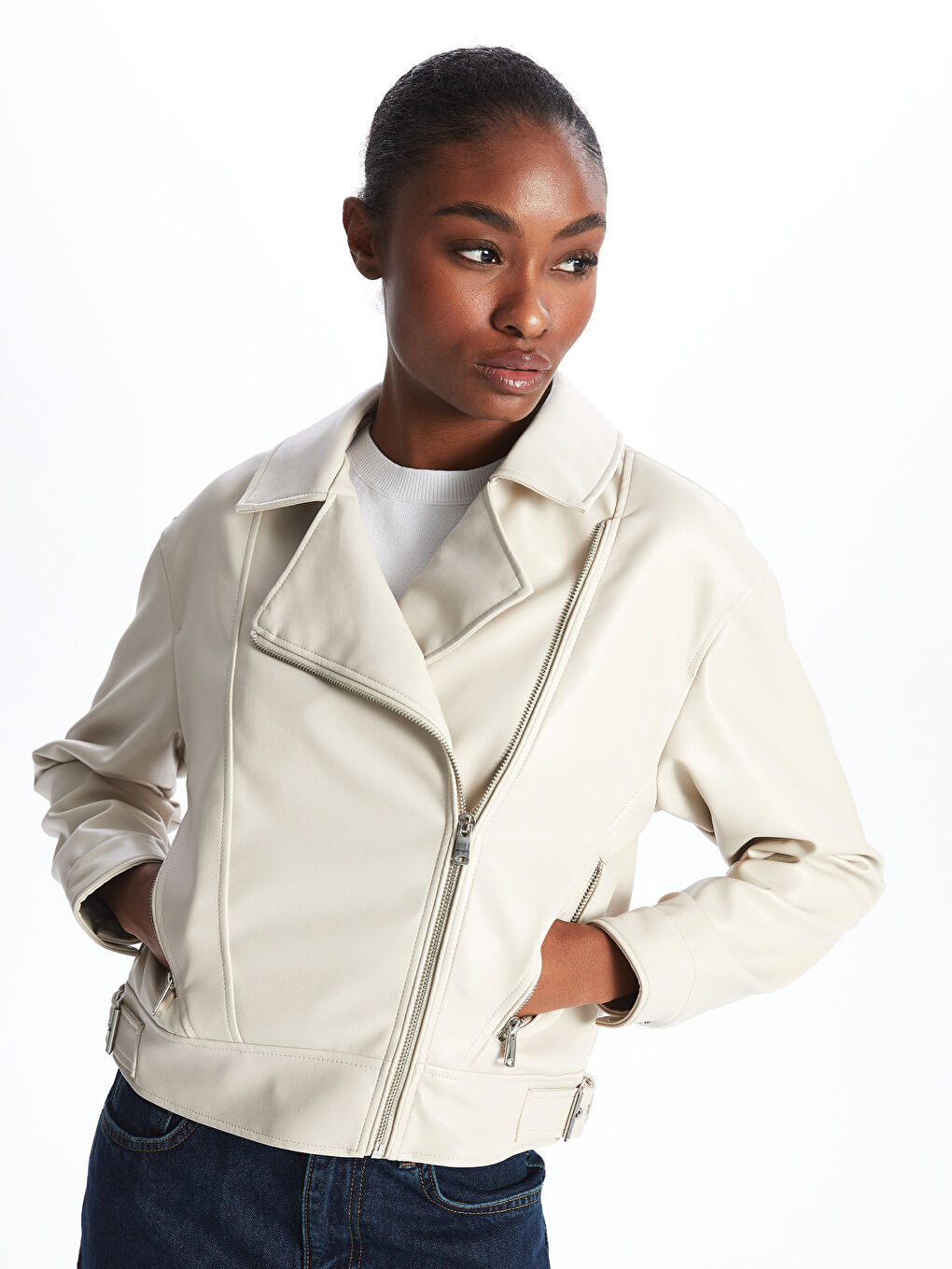 Women's Biker Collar Plain Leather Look Coat -S44297Z8-VJP